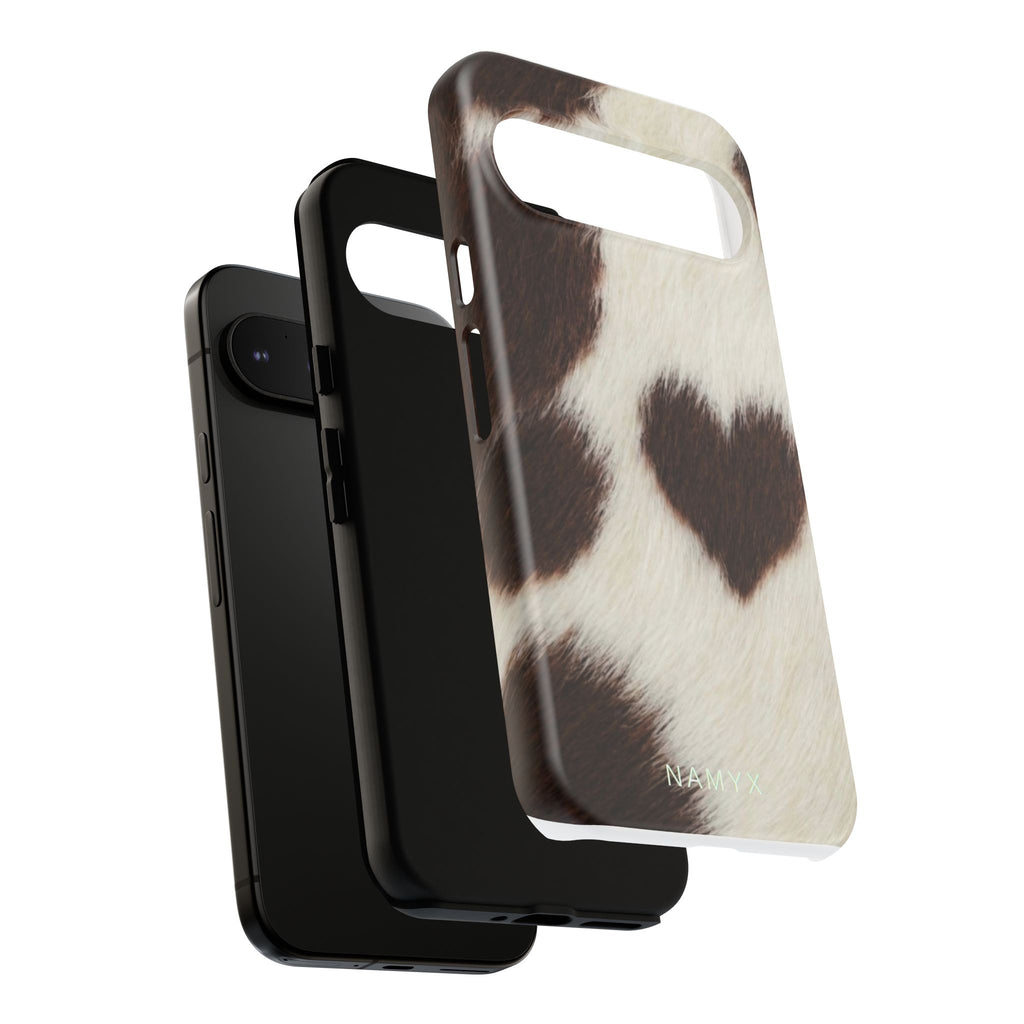 Cowhide Heart Phone Case — Cute Cow Print Protective iPhone Cover