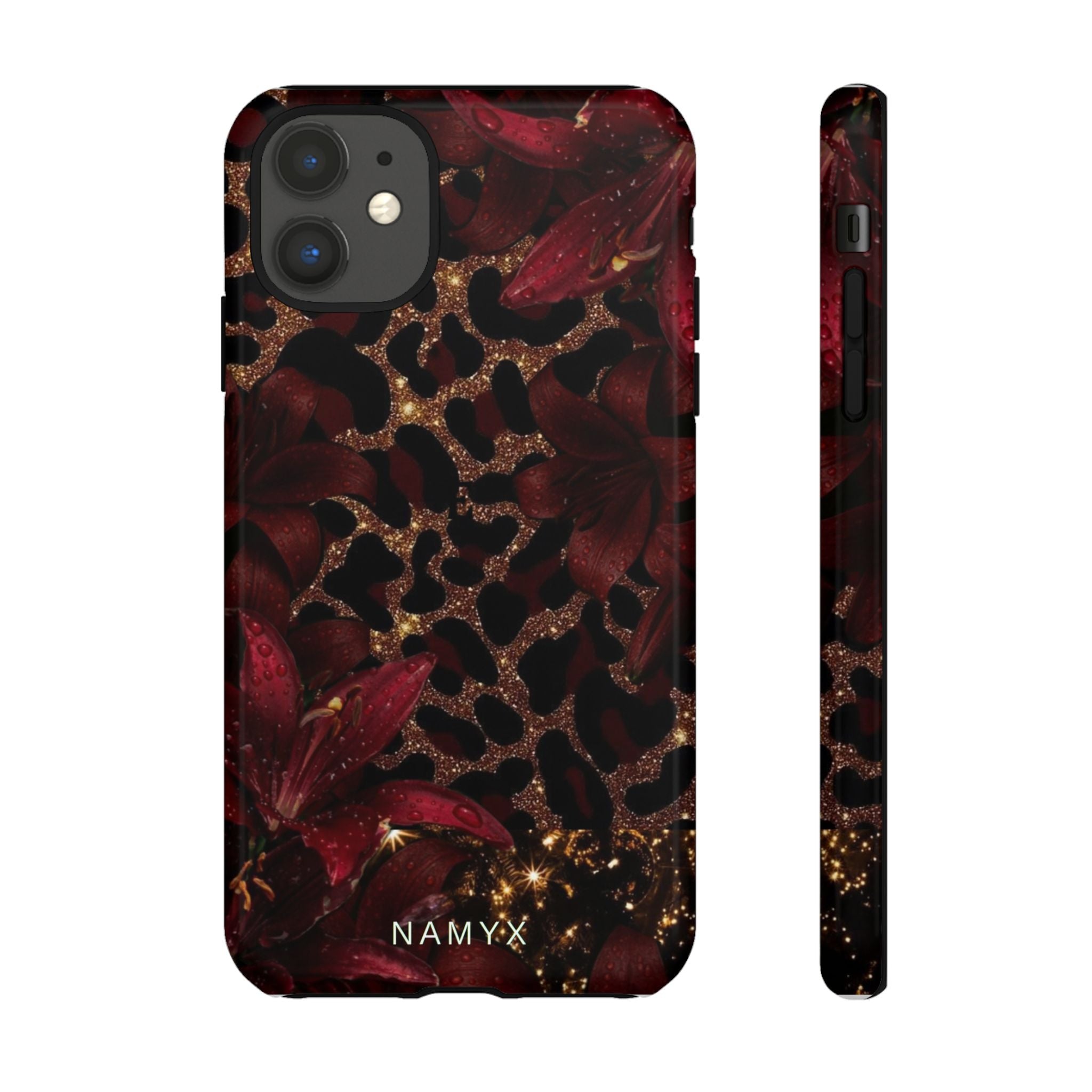 Protective Phone Case — Burgundy Floral & Gold Leopard Print Tough Case