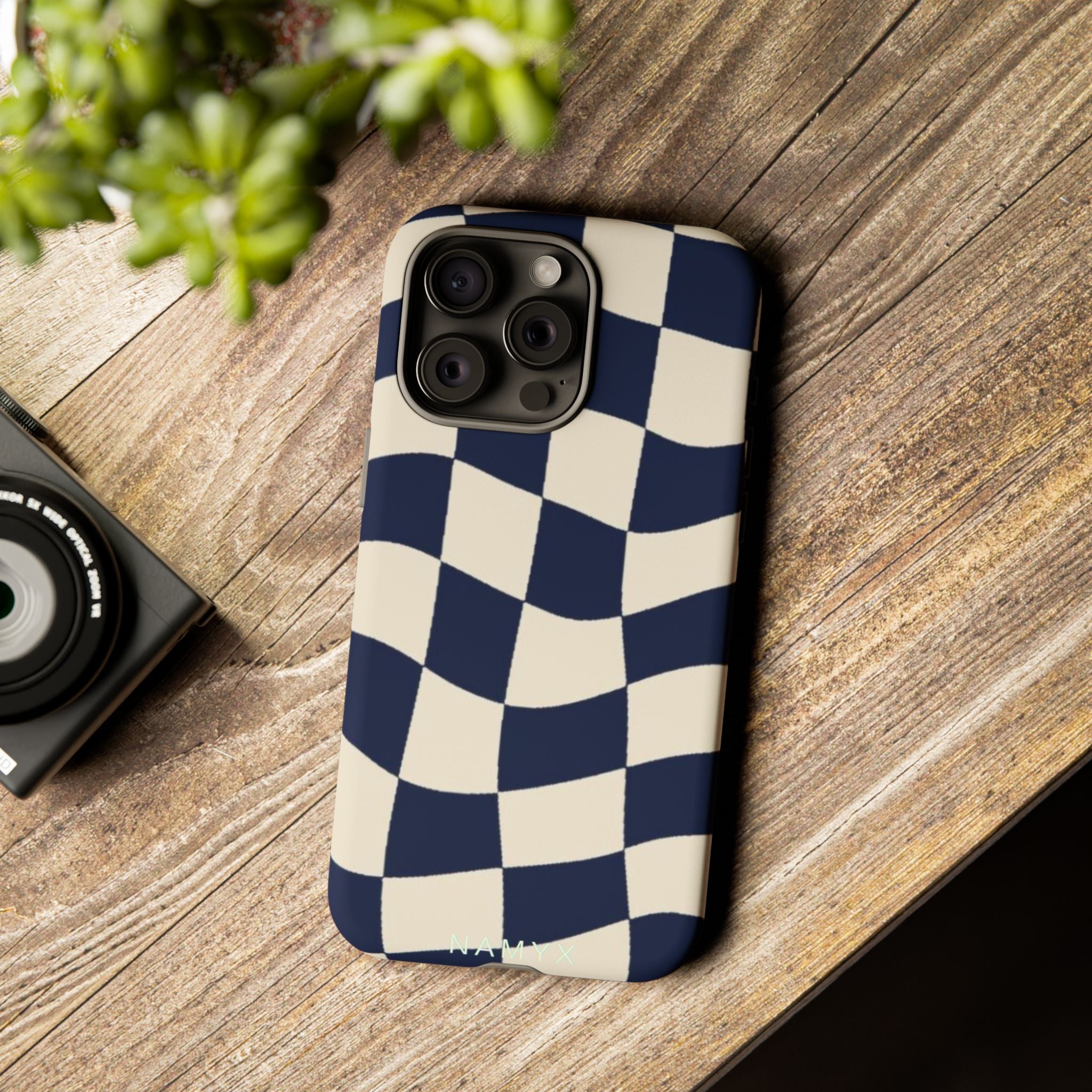 Wavy Checkered Phone Case – Retro Navy Racing Pattern Tough Case