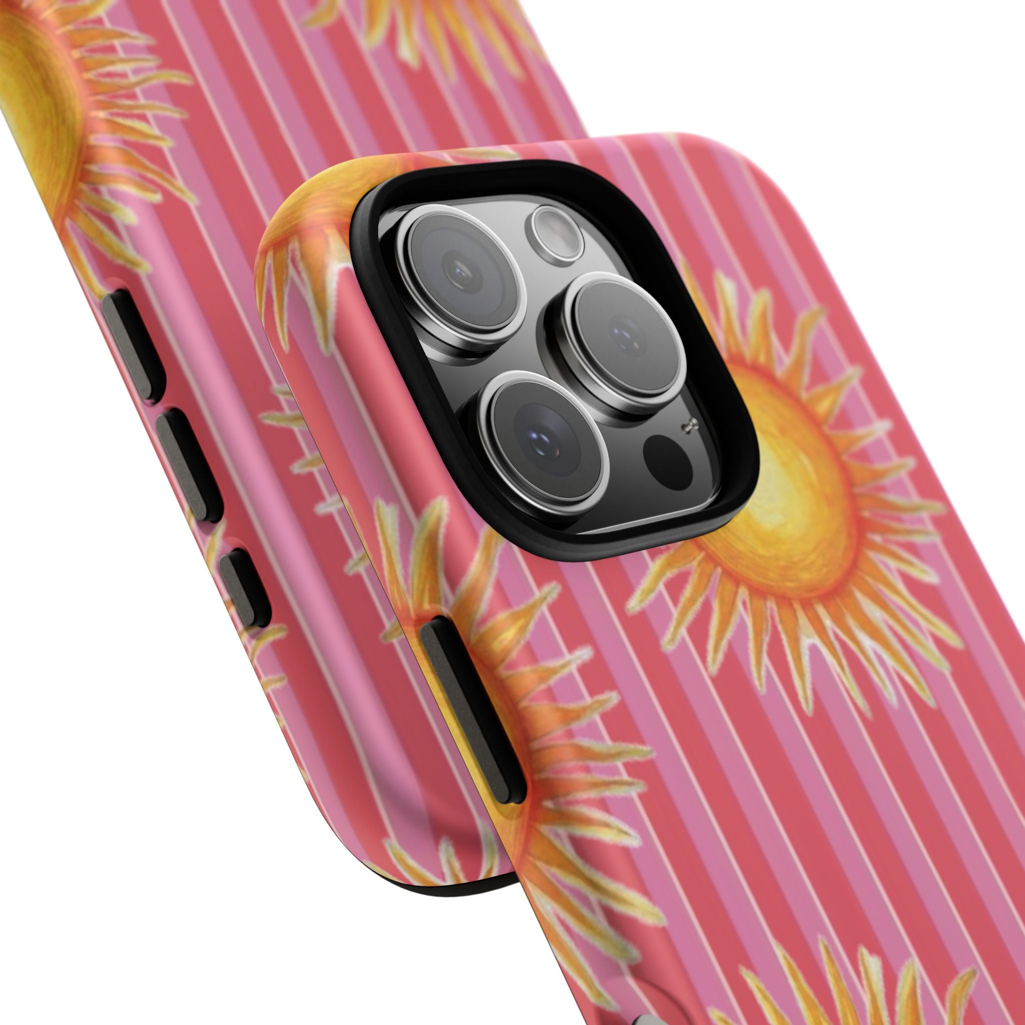 Sunburst Stripe Tough Phone Case — Bright Yellow Sun Pattern on Pink
