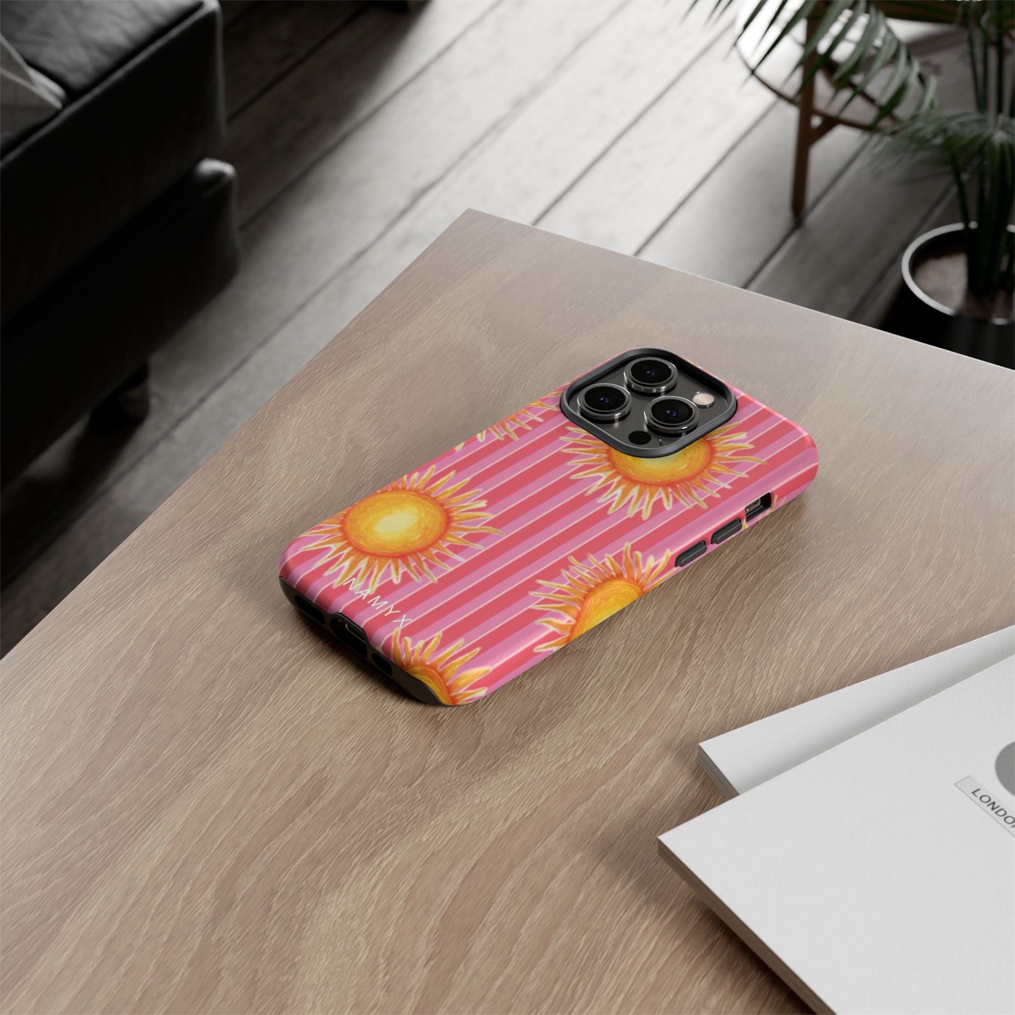 Sunburst Stripe Tough Phone Case — Bright Yellow Sun Pattern on Pink