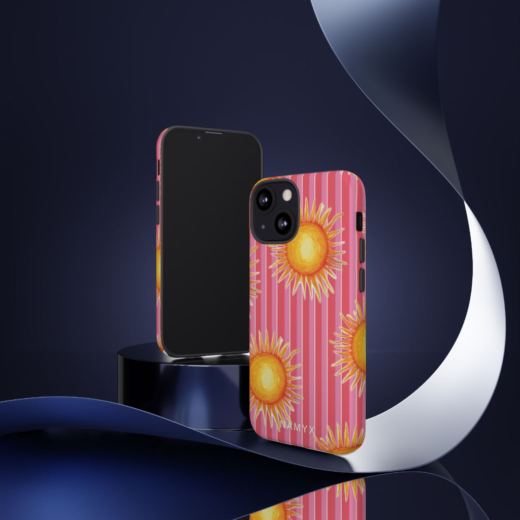 Sunburst Stripe Tough Phone Case — Bright Yellow Sun Pattern on Pink