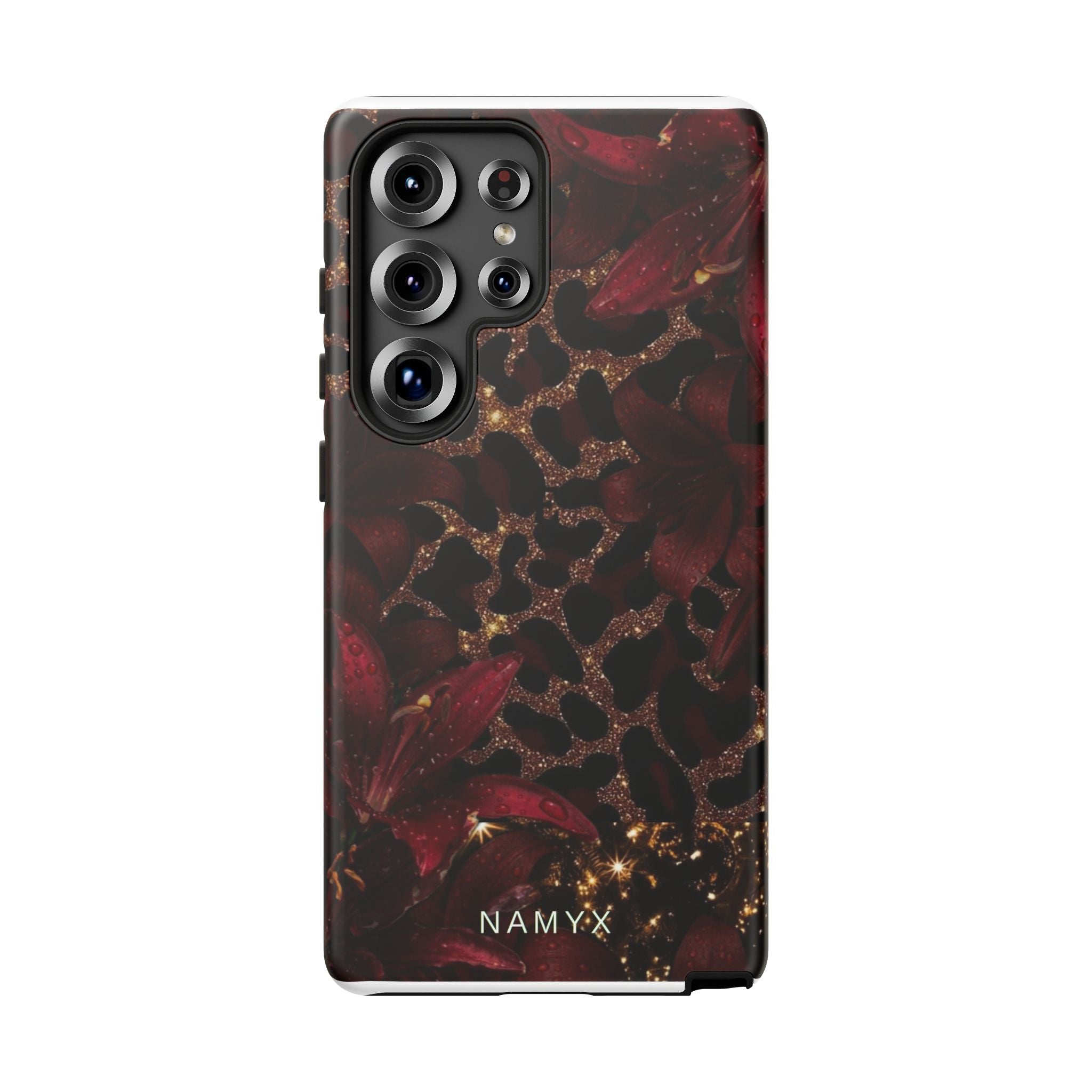 Protective Phone Case — Burgundy Floral & Gold Leopard Print Tough Case