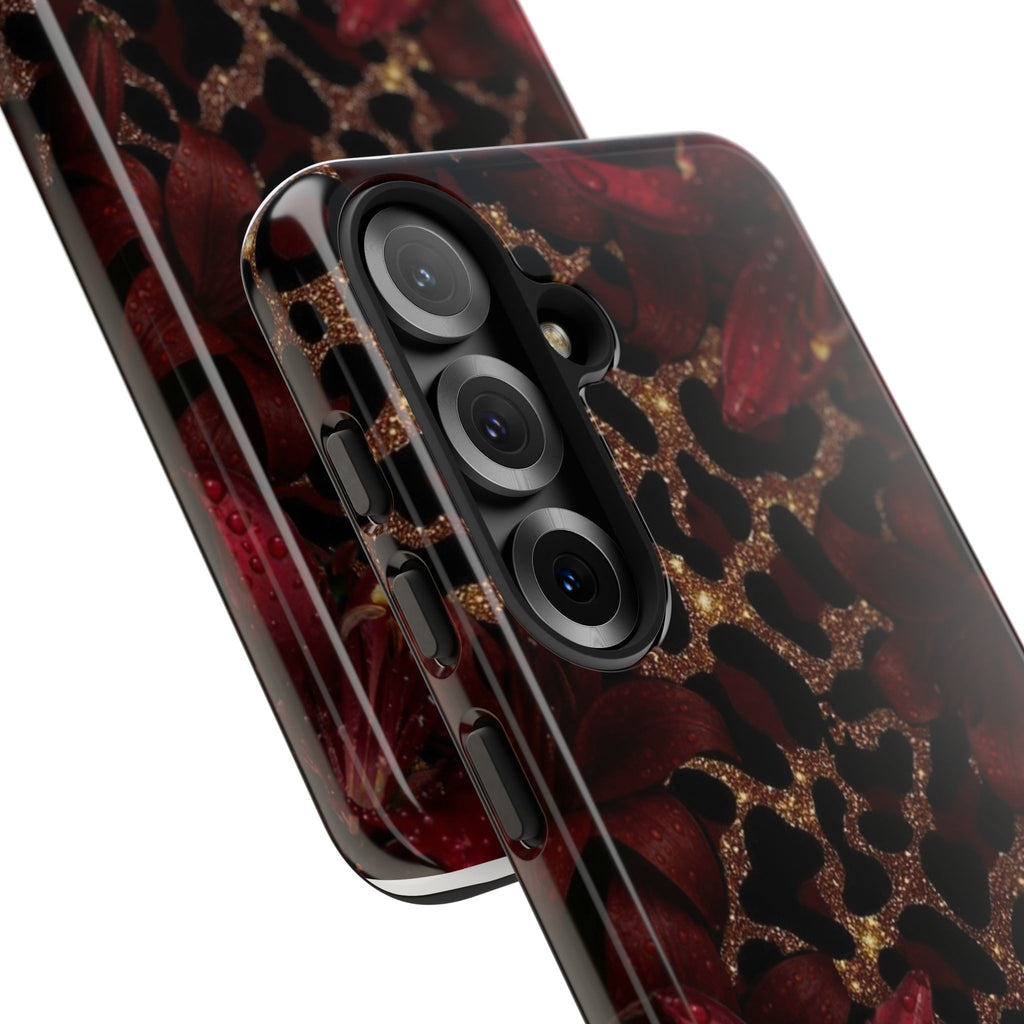 Protective Phone Case — Burgundy Floral & Gold Leopard Print Tough Case