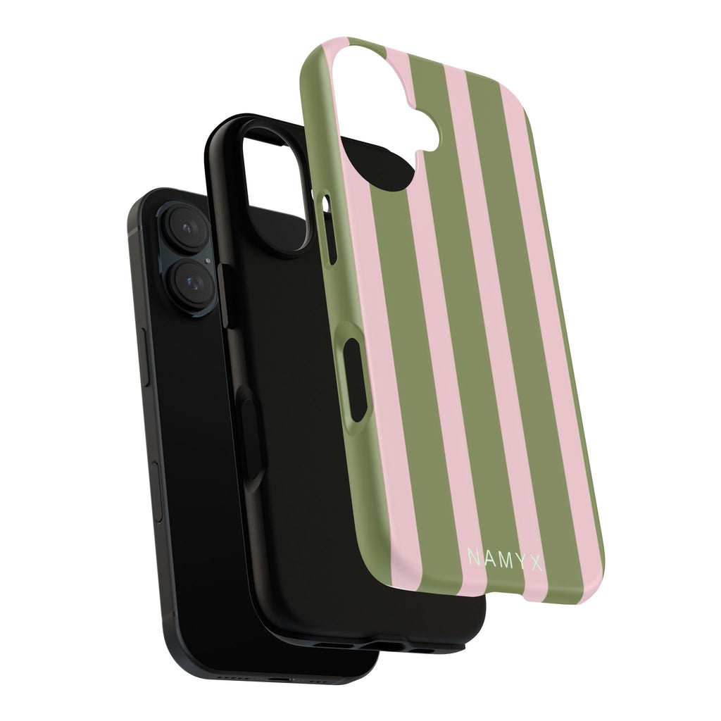 Striped Olive & Blush Tough Phone Case — Durable Protective Phone Cover