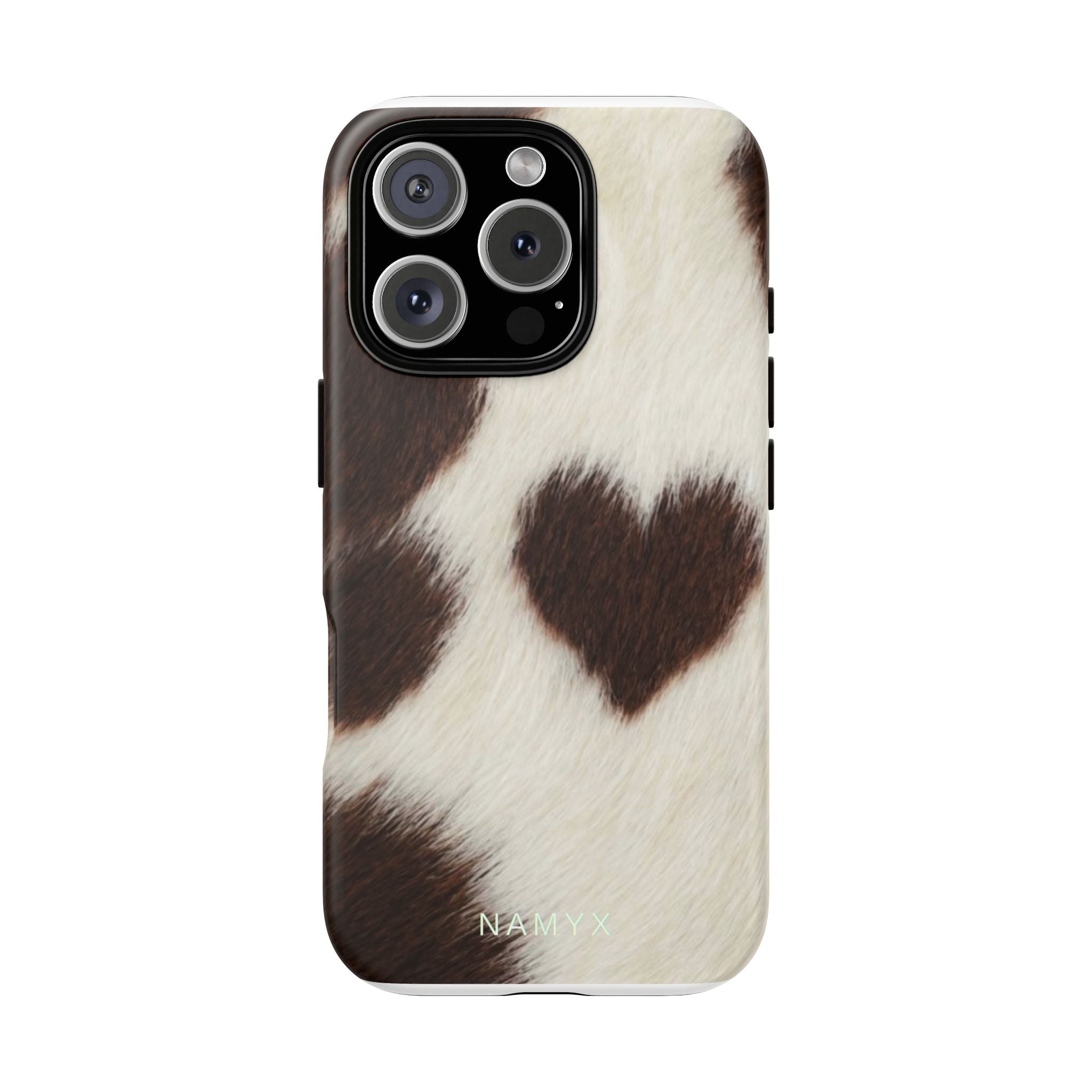 Cowhide Heart Phone Case — Cute Cow Print Protective iPhone Cover