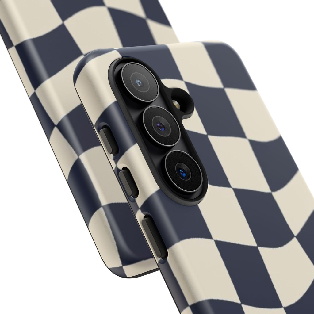 Wavy Checkered Phone Case – Retro Navy Racing Pattern Tough Case