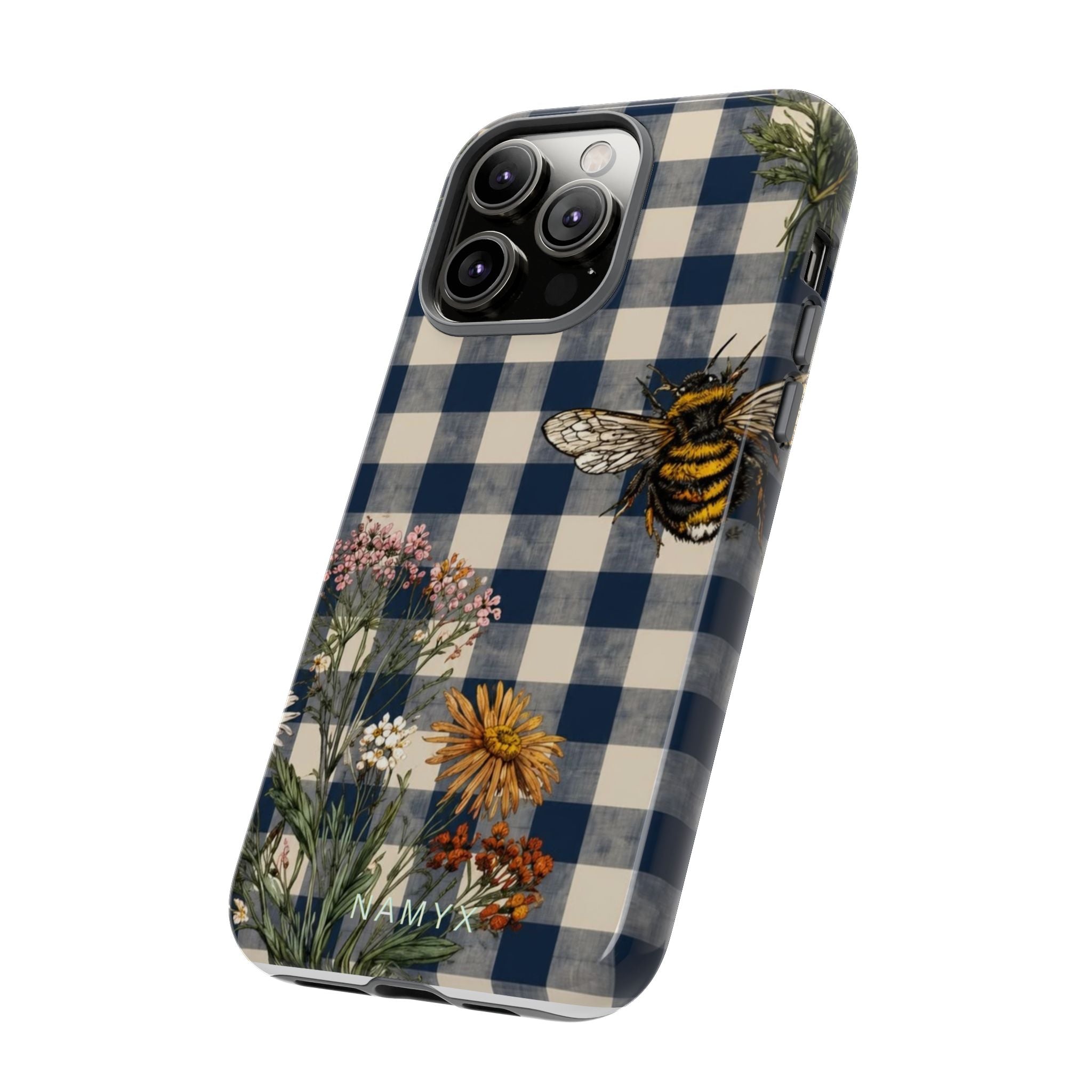 Bee & Wildflower Plaid Phone Case — Navy Buffalo Check Floral iPhone Cover