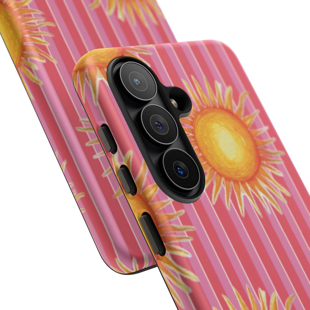 Sunburst Stripe Tough Phone Case — Bright Yellow Sun Pattern on Pink