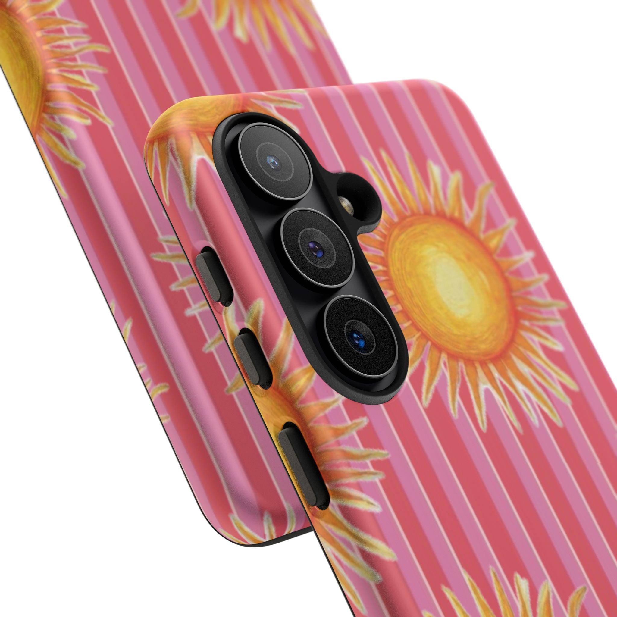 Sunburst Stripe Tough Phone Case — Bright Yellow Sun Pattern on Pink