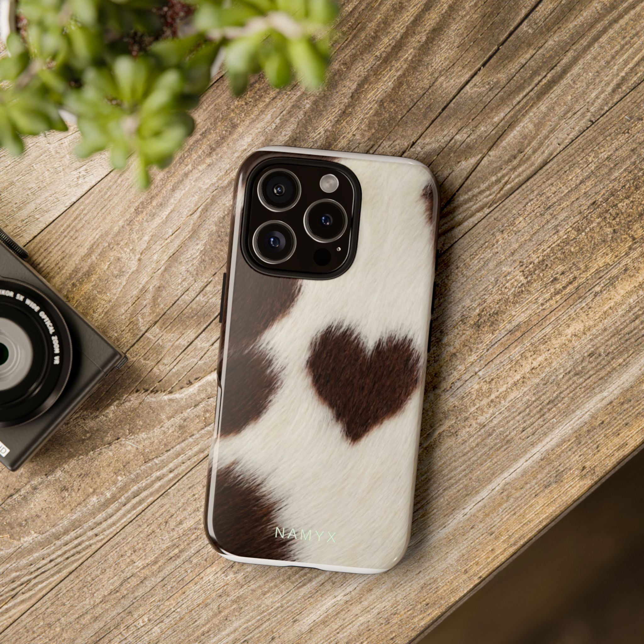 Cowhide Heart Phone Case — Cute Cow Print Protective iPhone Cover