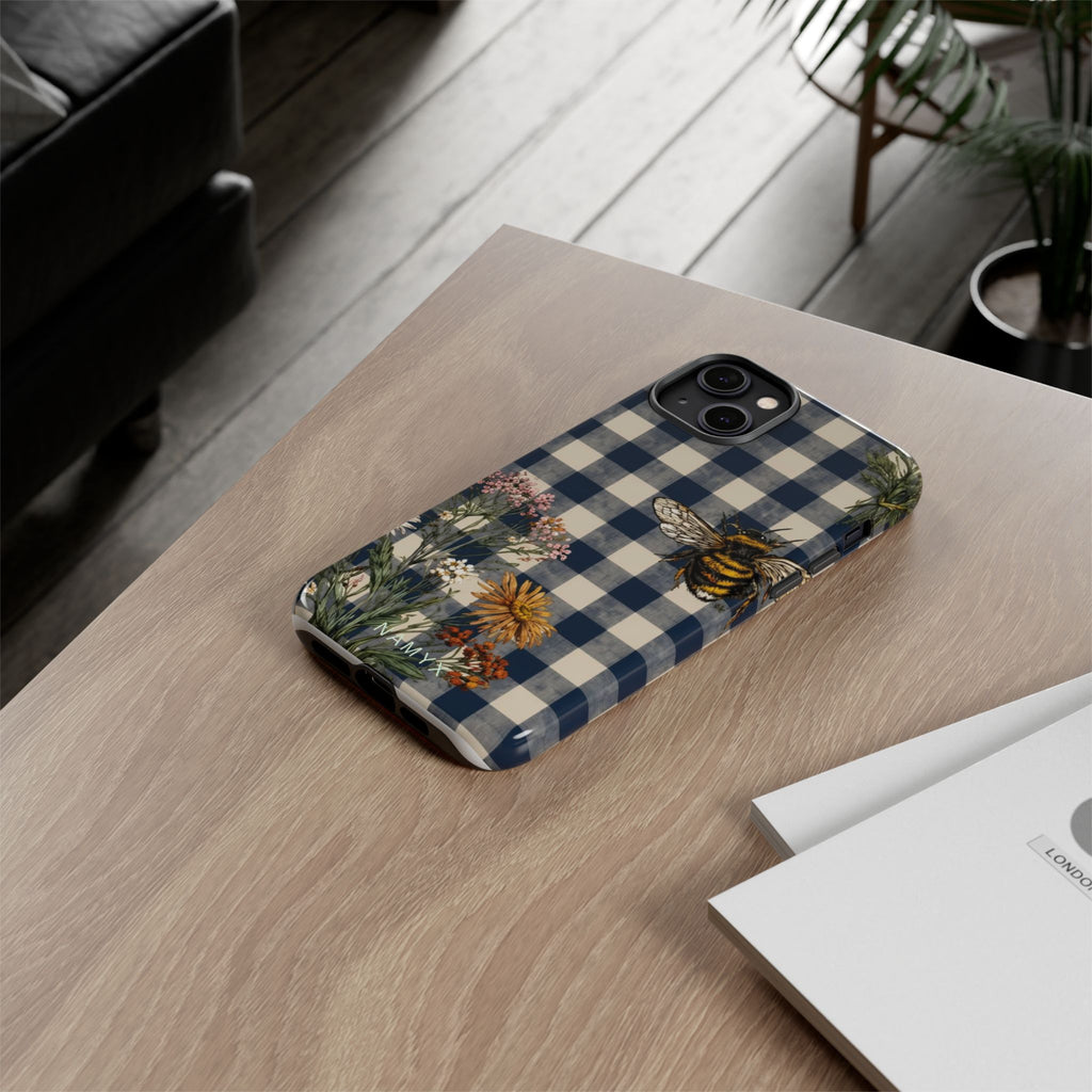 Bee & Wildflower Plaid Phone Case — Navy Buffalo Check Floral iPhone Cover
