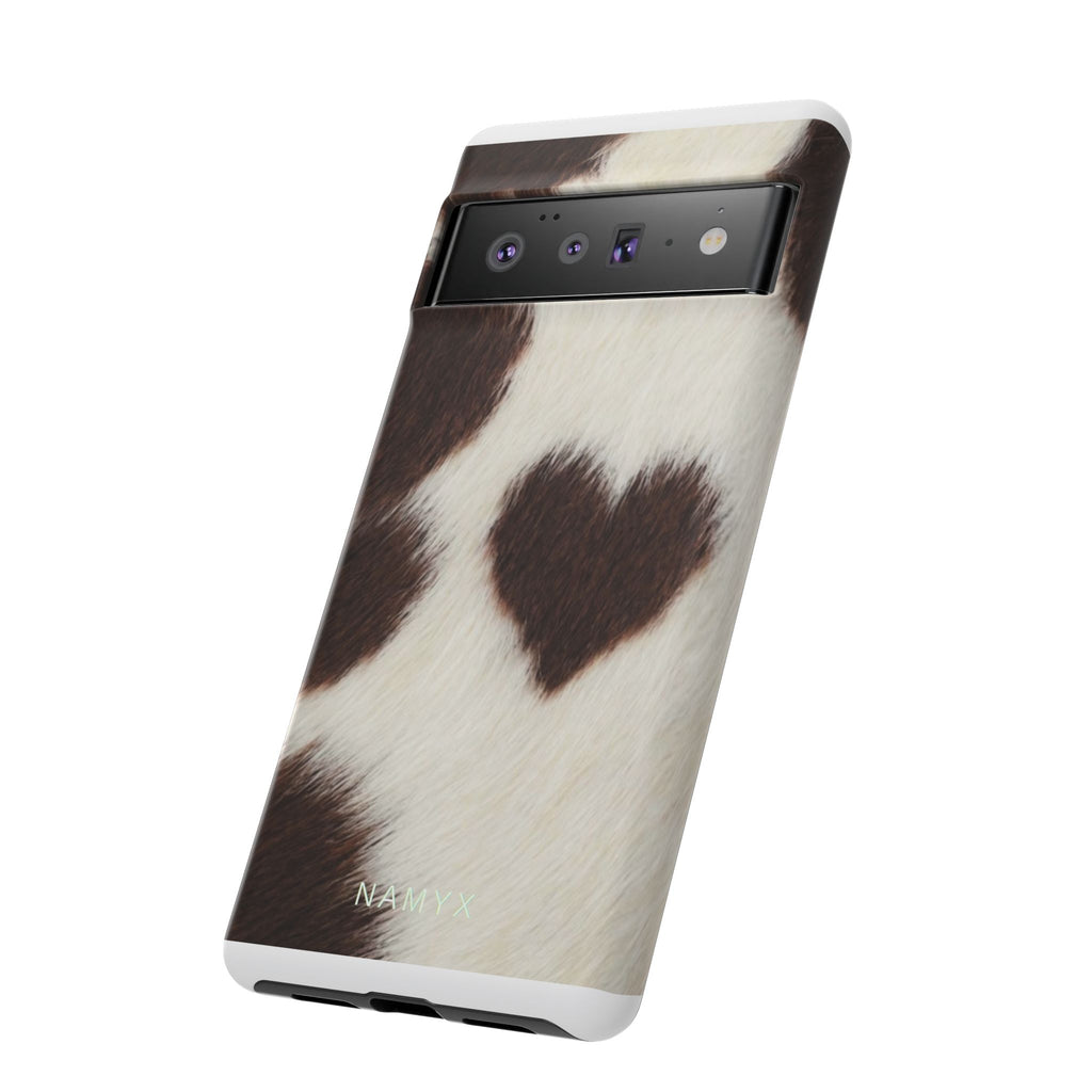Cowhide Heart Phone Case — Cute Cow Print Protective iPhone Cover