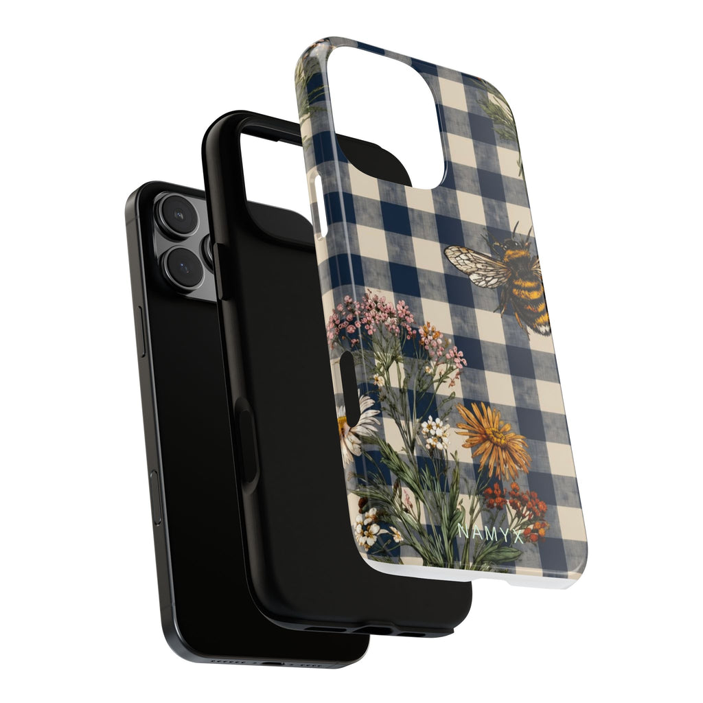 Bee & Wildflower Plaid Phone Case — Navy Buffalo Check Floral iPhone Cover