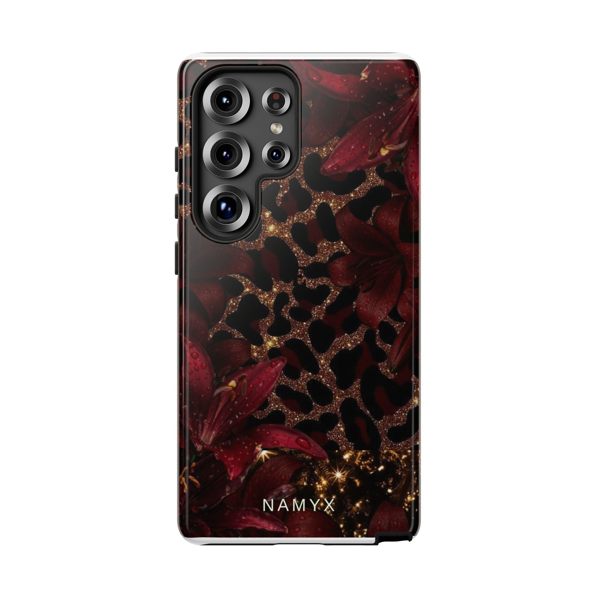 Protective Phone Case — Burgundy Floral & Gold Leopard Print Tough Case