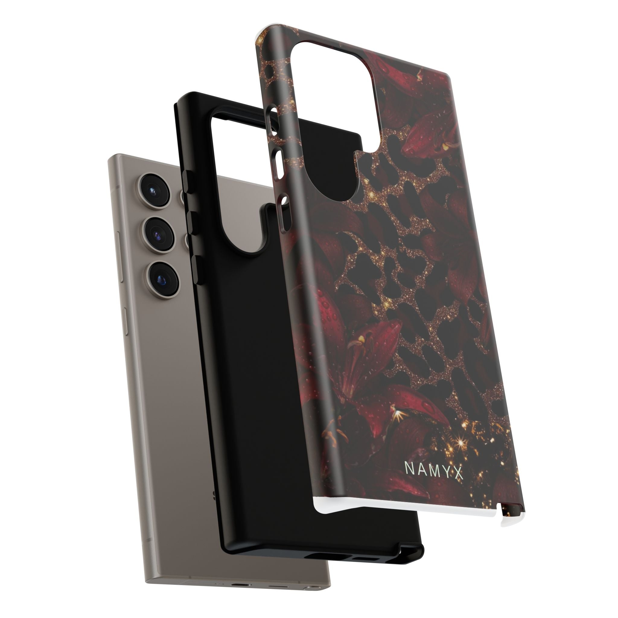 Protective Phone Case — Burgundy Floral & Gold Leopard Print Tough Case