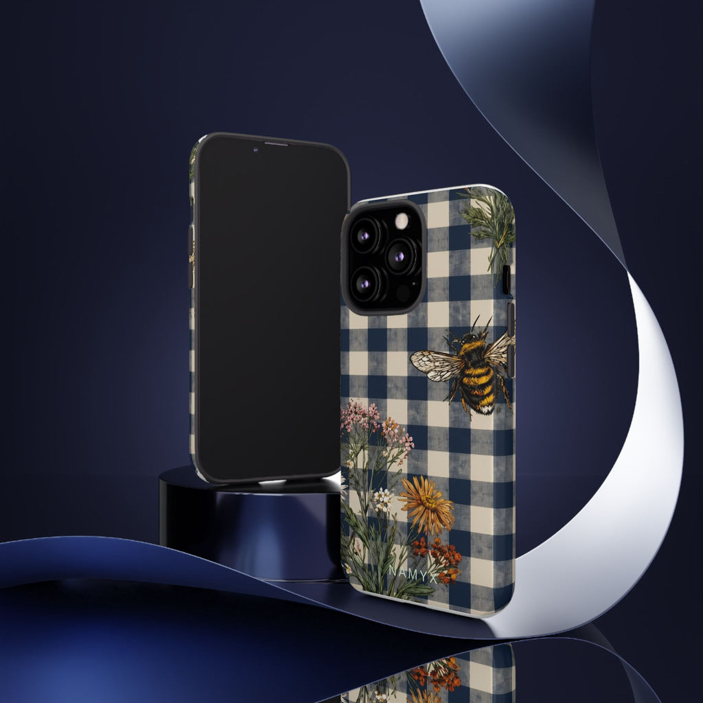 Bee & Wildflower Plaid Phone Case — Navy Buffalo Check Floral iPhone Cover