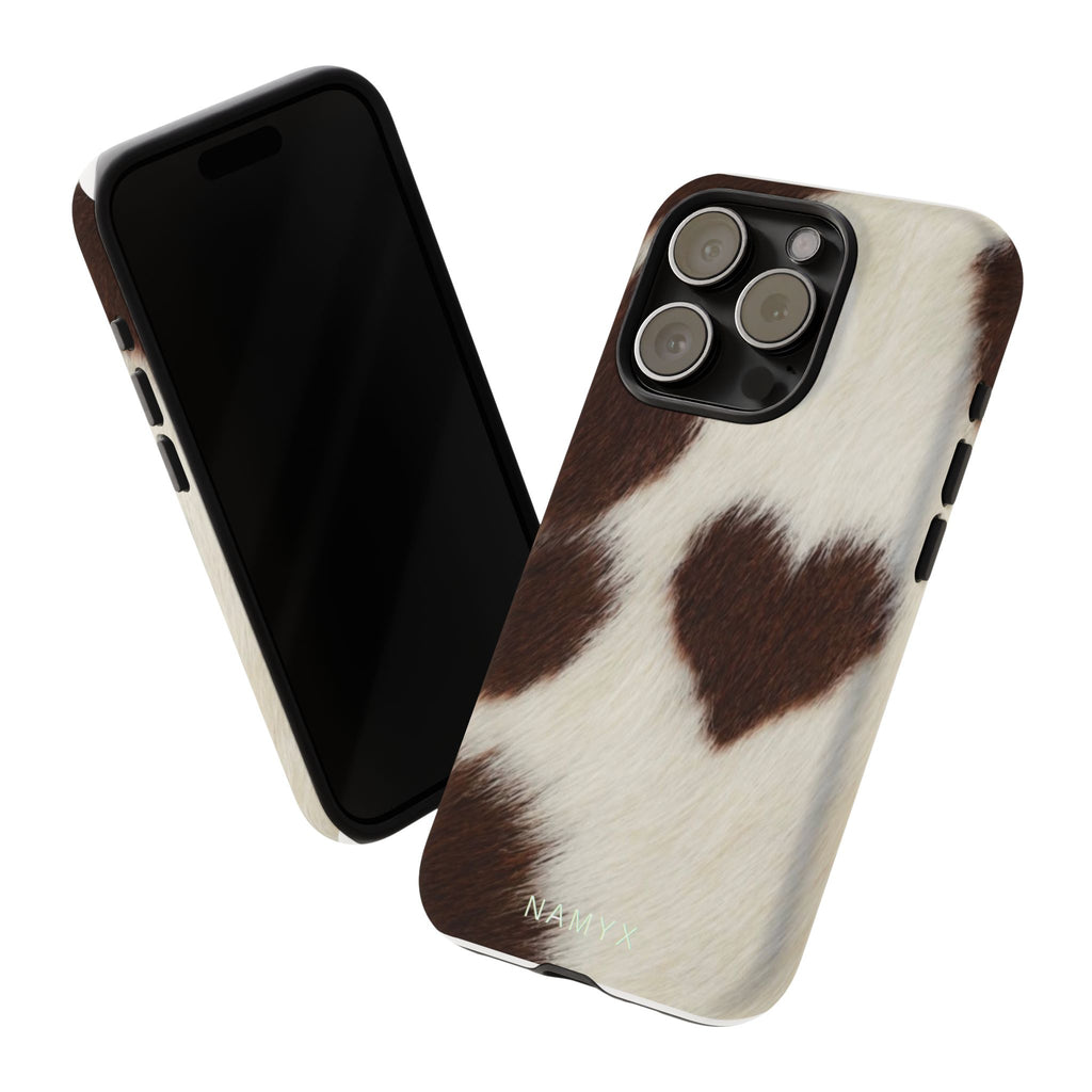 Cowhide Heart Phone Case — Cute Cow Print Protective iPhone Cover