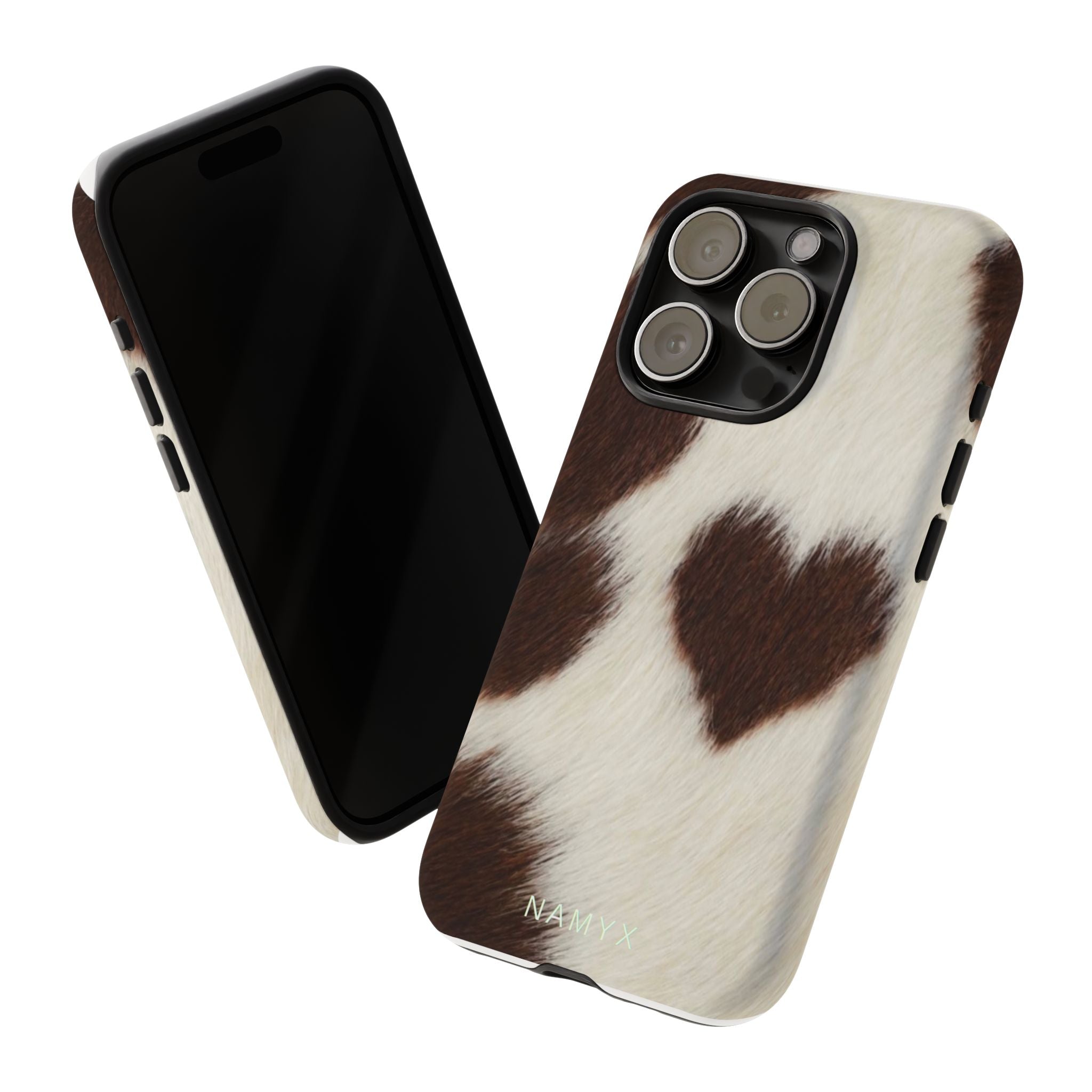 Cowhide Heart Phone Case — Cute Cow Print Protective iPhone Cover