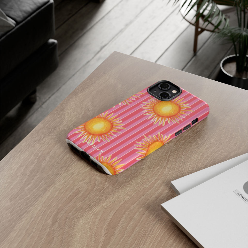 Sunburst Stripe Tough Phone Case — Bright Yellow Sun Pattern on Pink