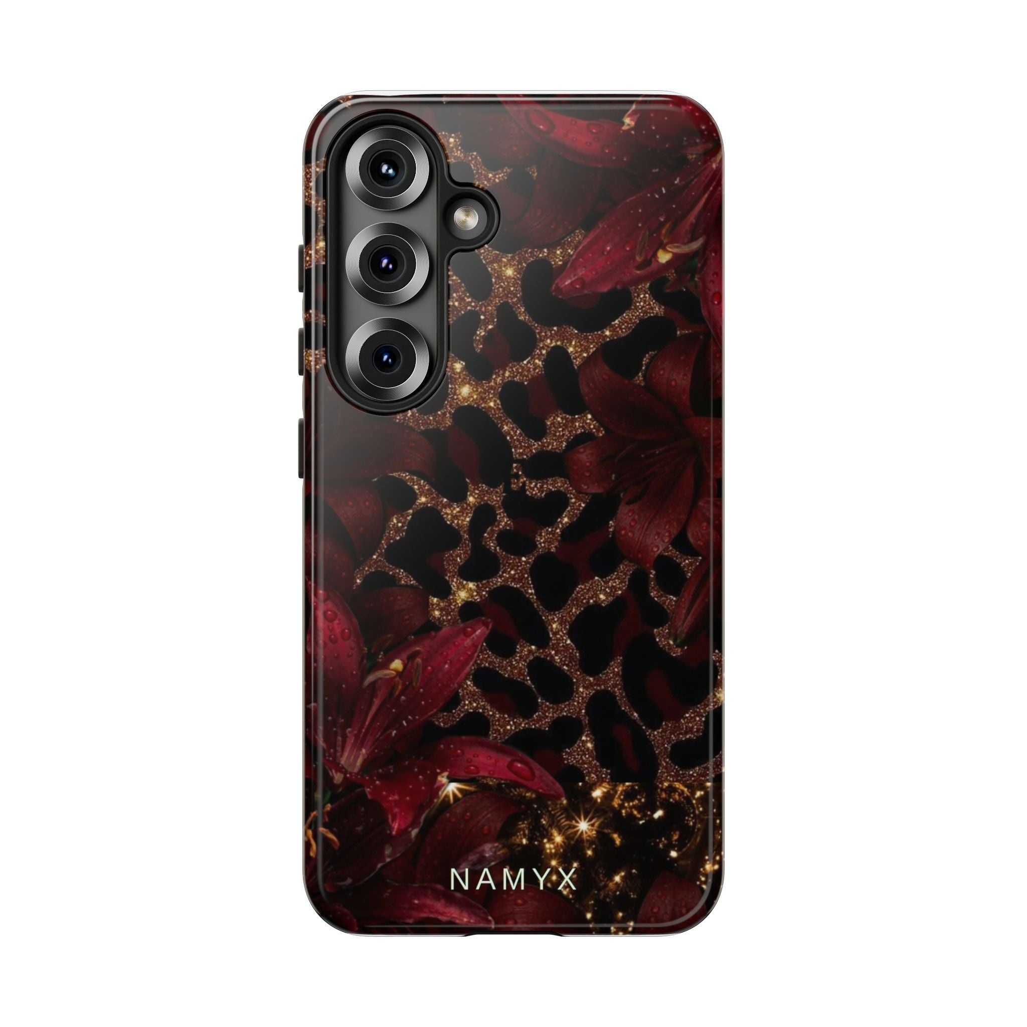 Protective Phone Case — Burgundy Floral & Gold Leopard Print Tough Case