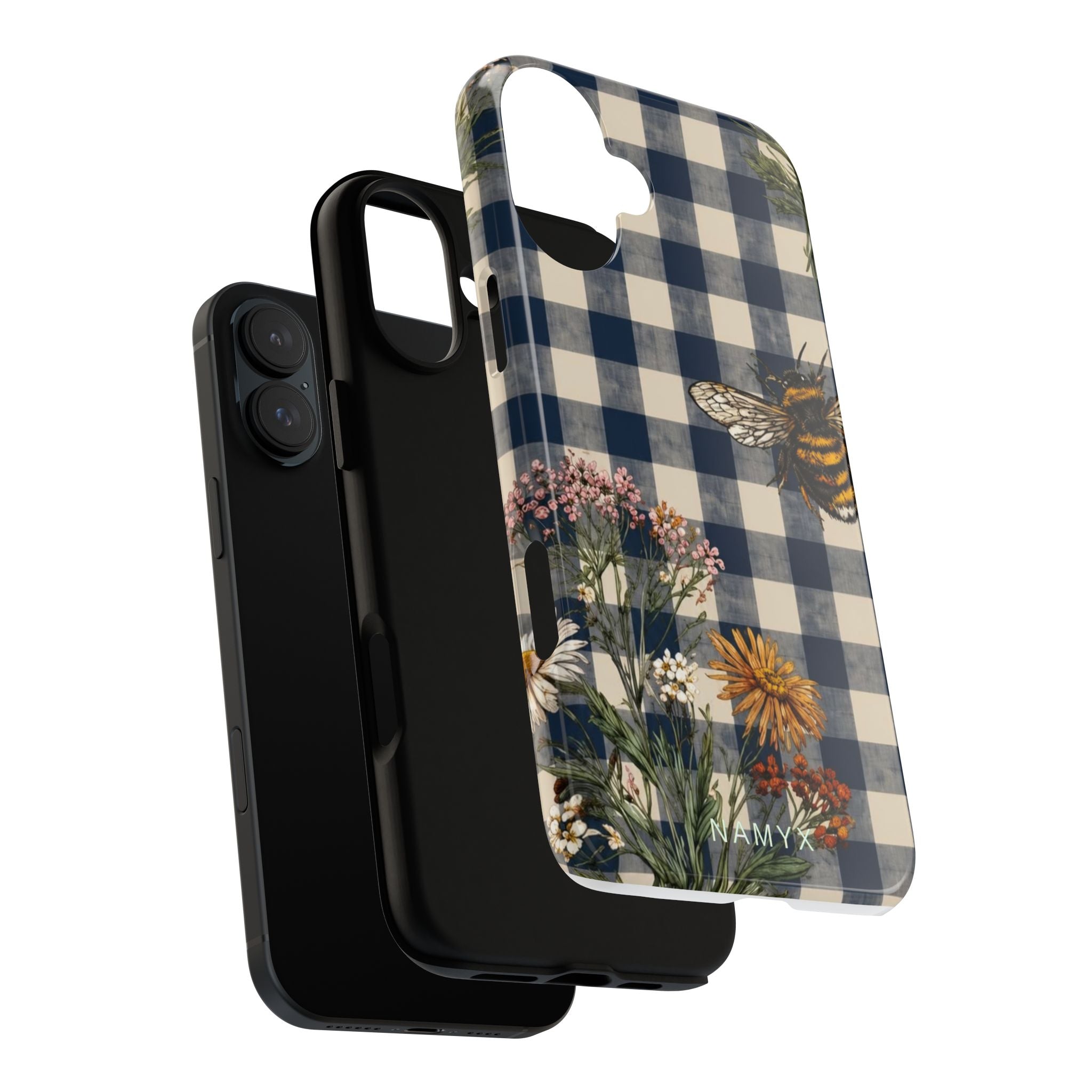 Bee & Wildflower Plaid Phone Case — Navy Buffalo Check Floral iPhone Cover