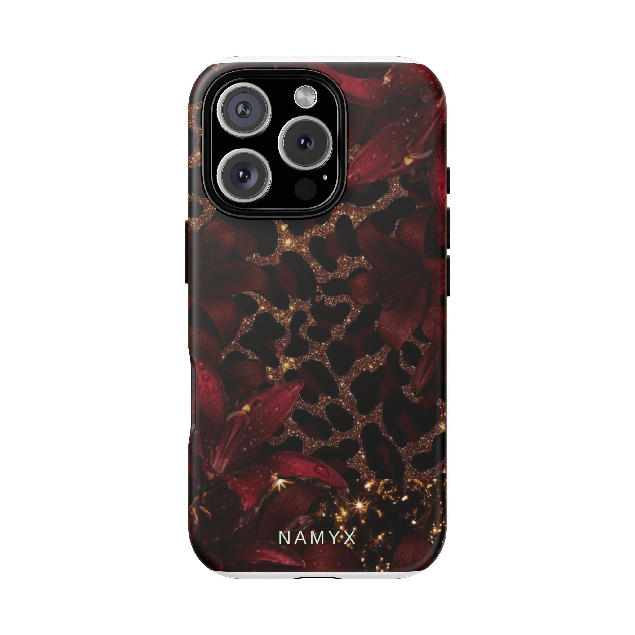 Protective Phone Case — Burgundy Floral & Gold Leopard Print Tough Case