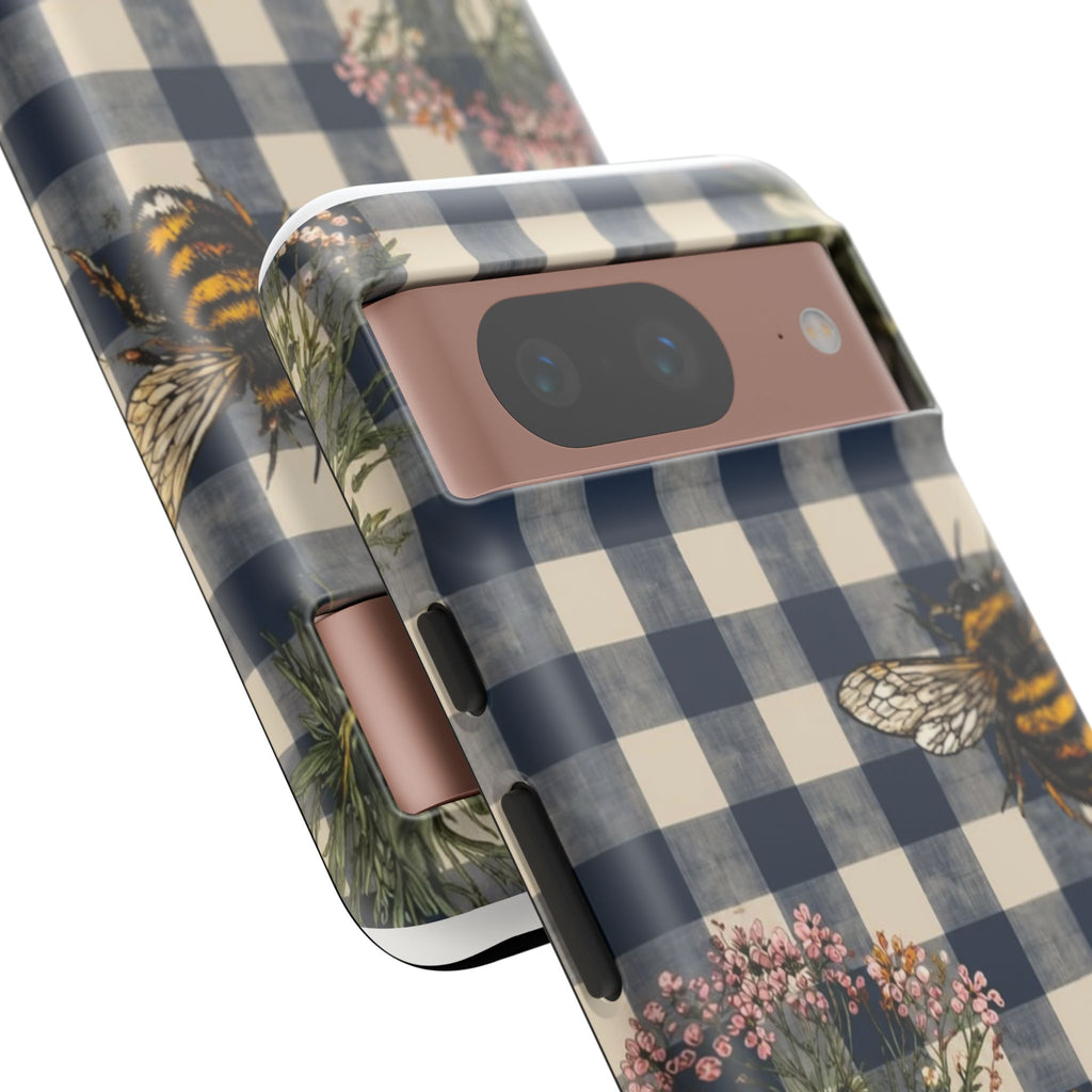 Bee & Wildflower Plaid Phone Case — Navy Buffalo Check Floral iPhone Cover
