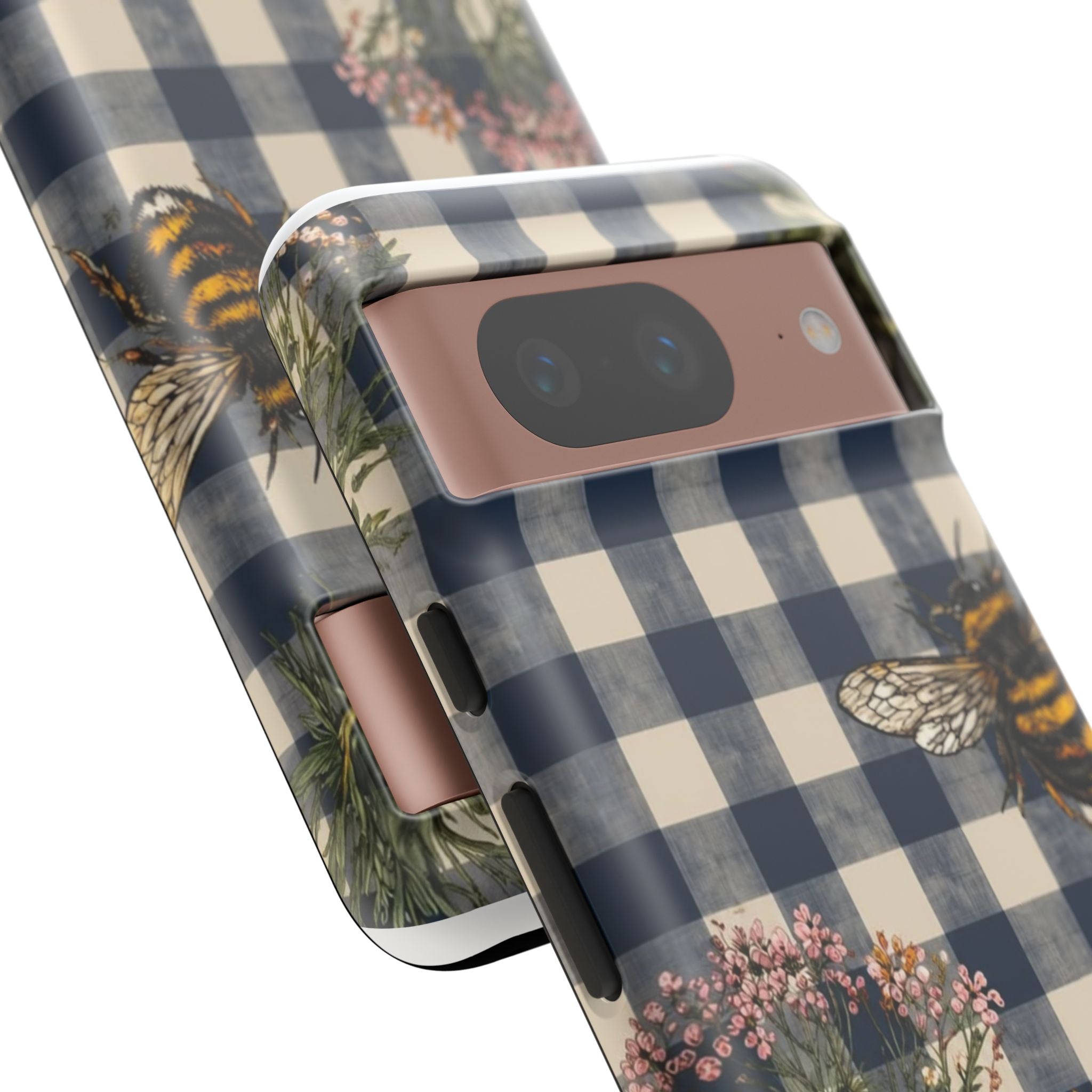 Bee & Wildflower Plaid Phone Case — Navy Buffalo Check Floral iPhone Cover