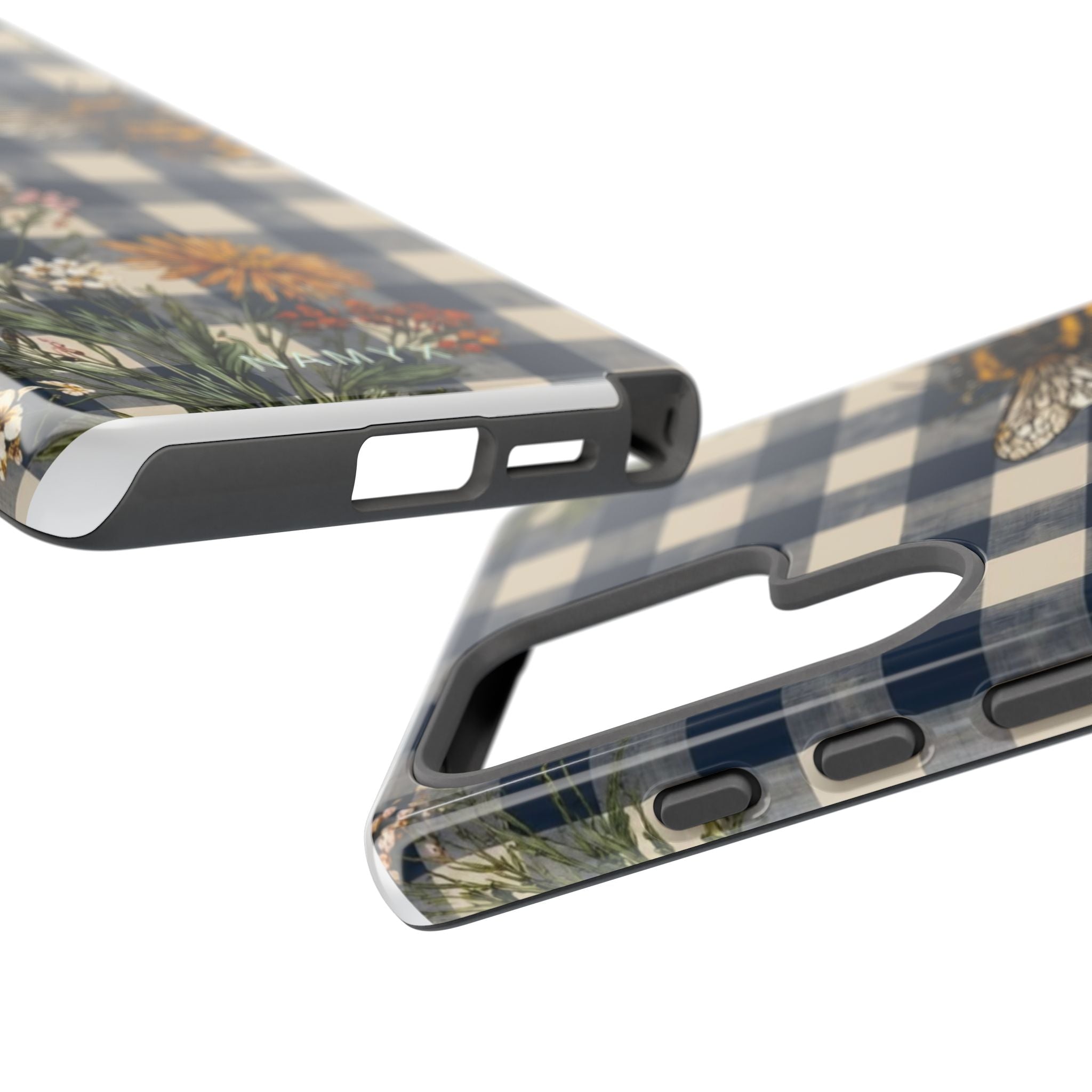 Bee & Wildflower Plaid Phone Case — Navy Buffalo Check Floral iPhone Cover