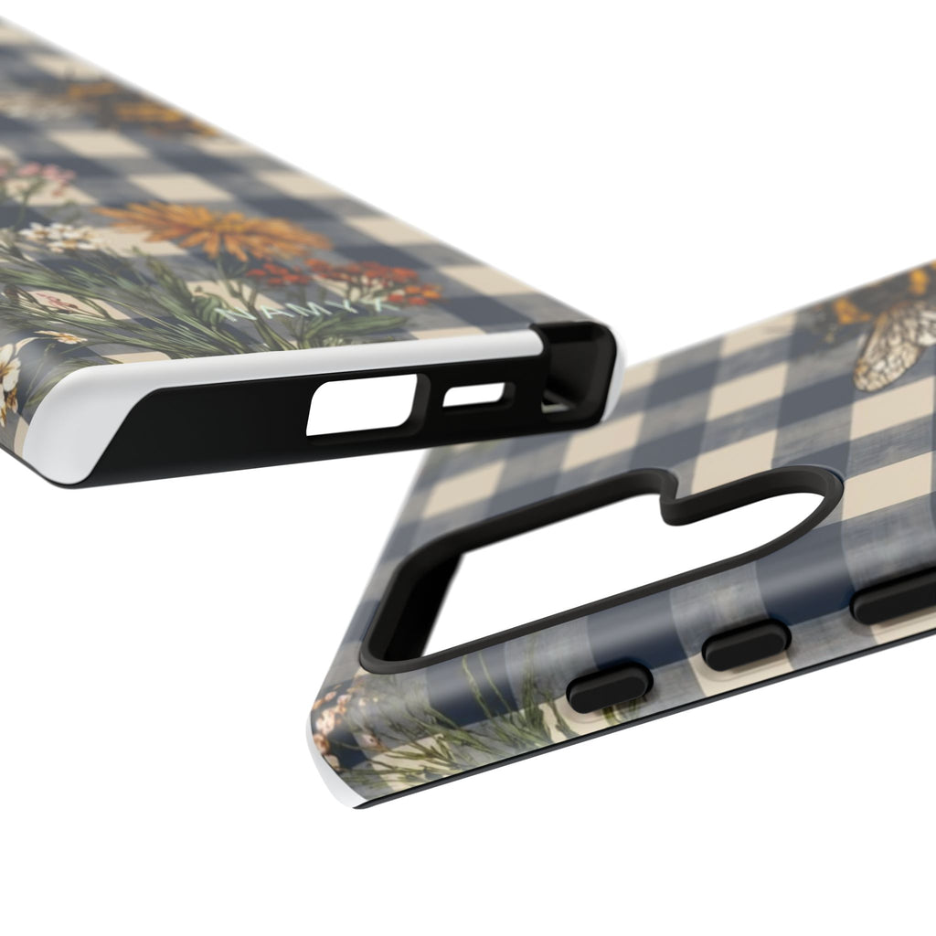 Bee & Wildflower Plaid Phone Case — Navy Buffalo Check Floral iPhone Cover