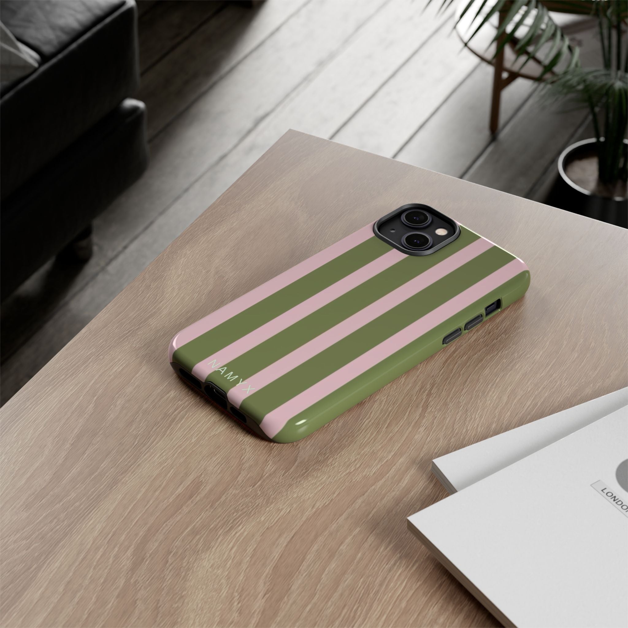 Striped Olive & Blush Tough Phone Case — Durable Protective Phone Cover