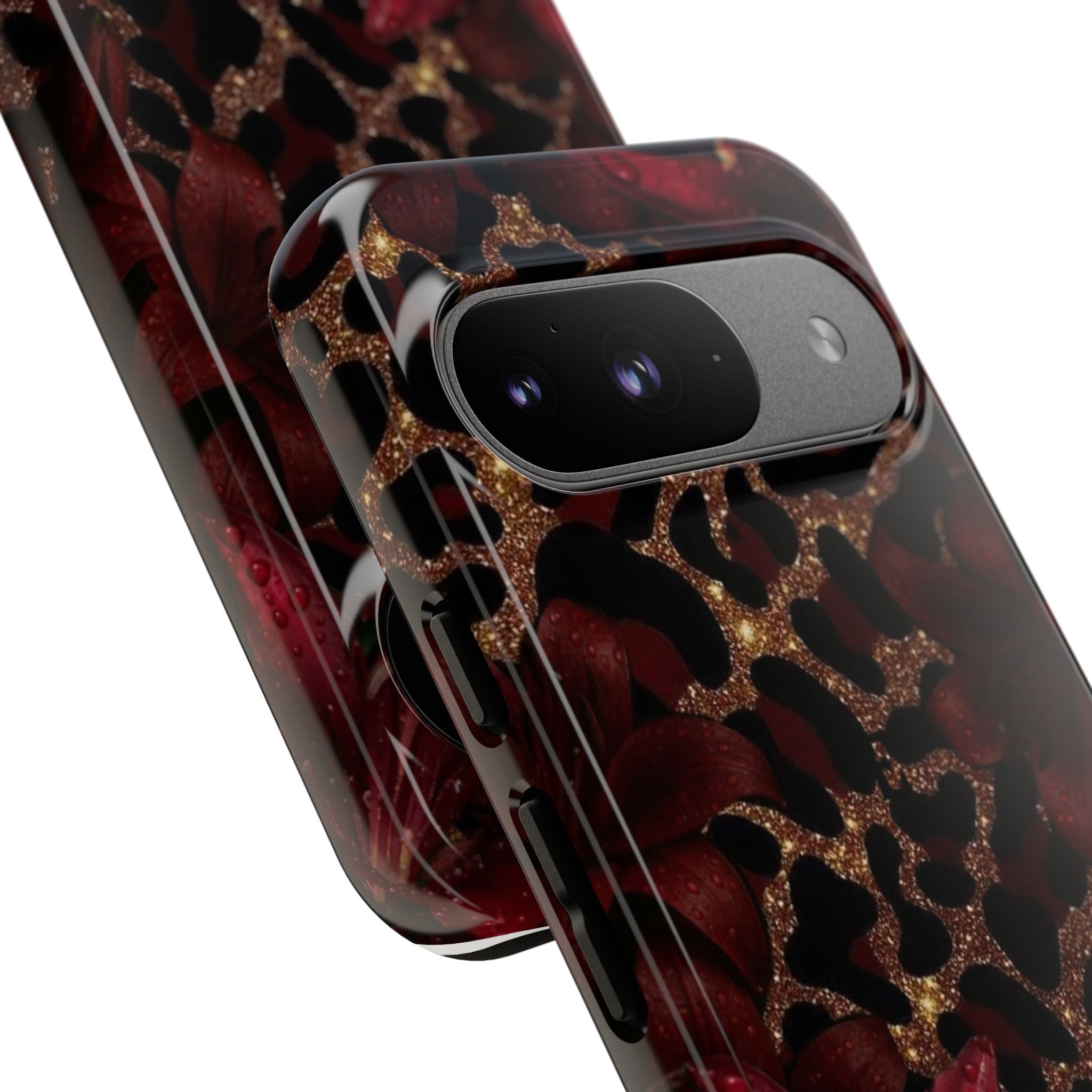 Protective Phone Case — Burgundy Floral & Gold Leopard Print Tough Case
