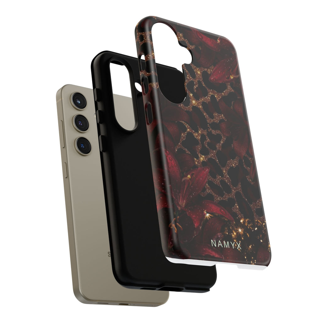 Protective Phone Case — Burgundy Floral & Gold Leopard Print Tough Case