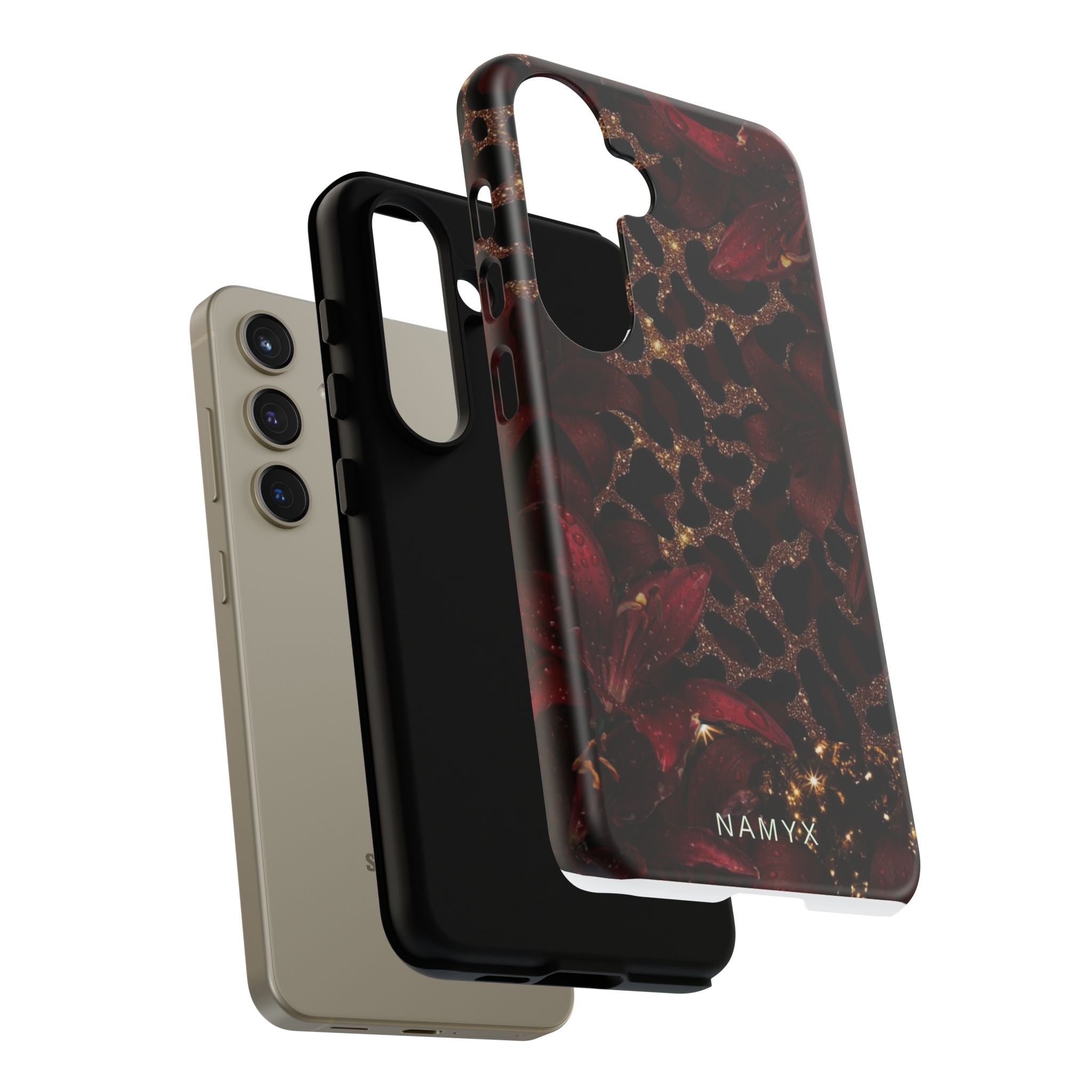 Protective Phone Case — Burgundy Floral & Gold Leopard Print Tough Case