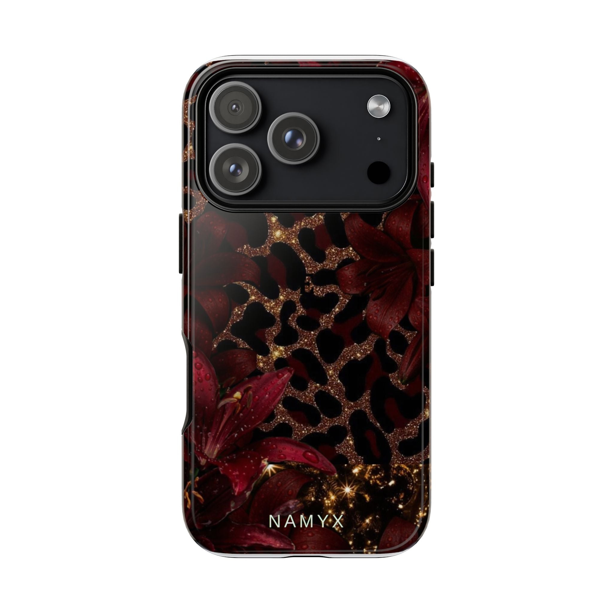 Protective Phone Case — Burgundy Floral & Gold Leopard Print Tough Case