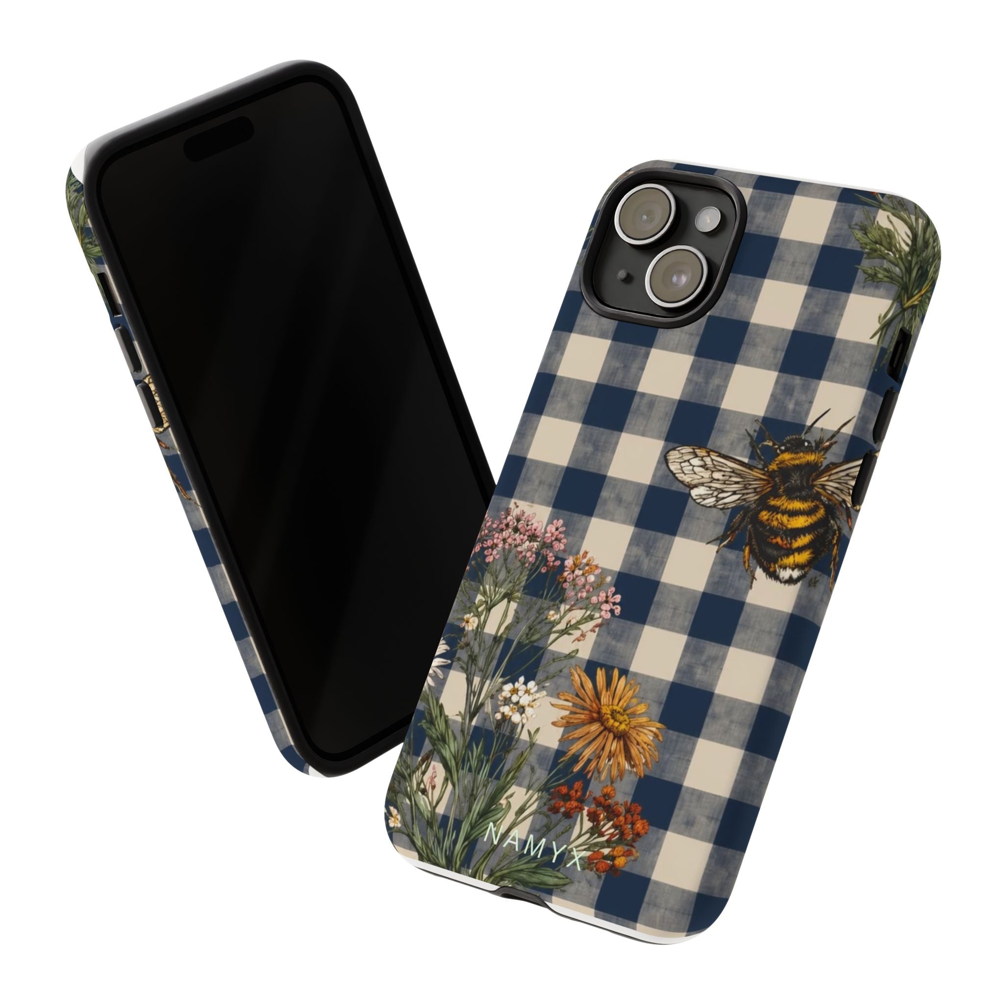 Bee & Wildflower Plaid Phone Case — Navy Buffalo Check Floral iPhone Cover