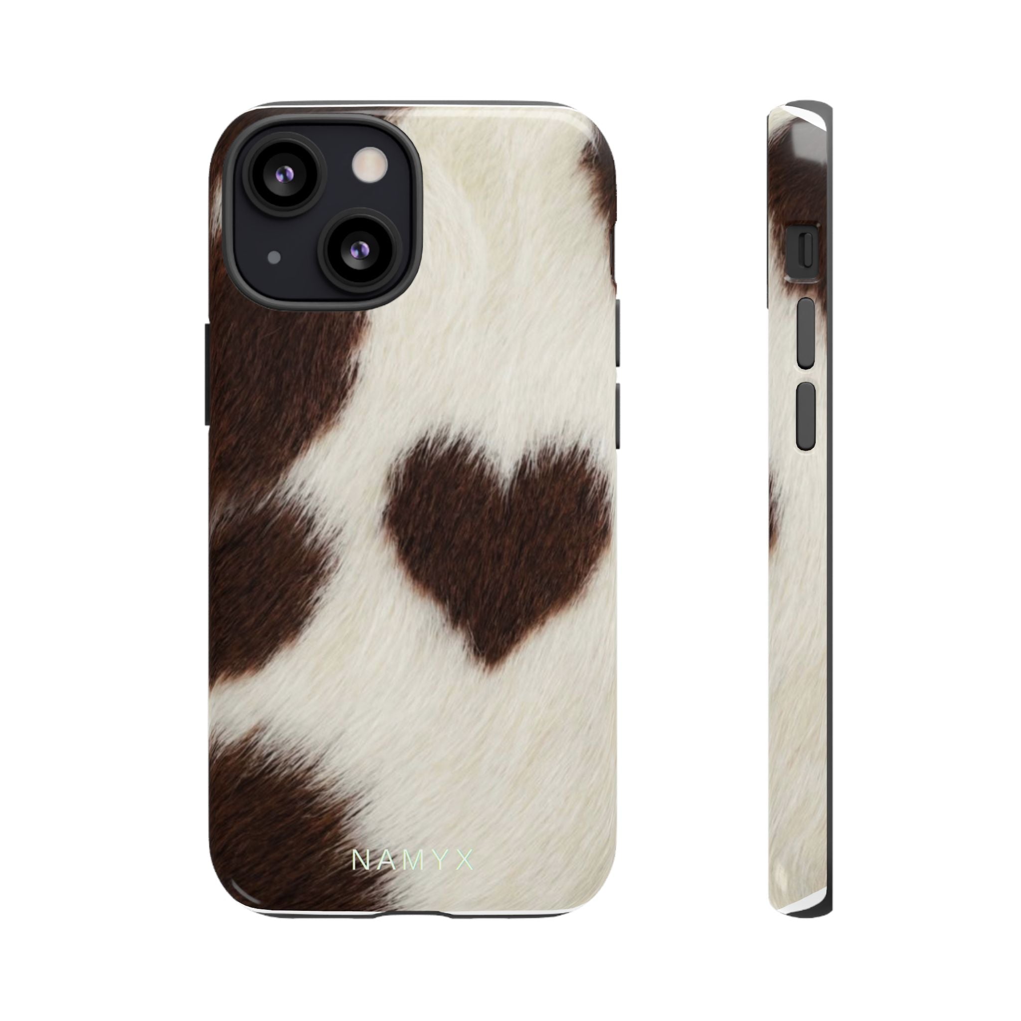 Cowhide Heart Phone Case — Cute Cow Print Protective iPhone Cover