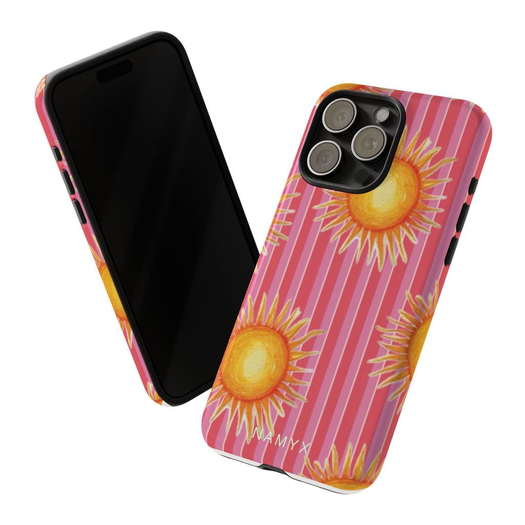 Sunburst Stripe Tough Phone Case — Bright Yellow Sun Pattern on Pink