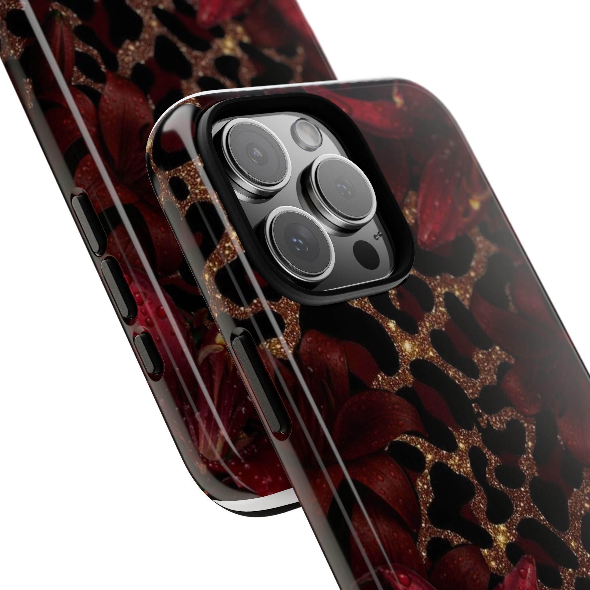 Protective Phone Case — Burgundy Floral & Gold Leopard Print Tough Case