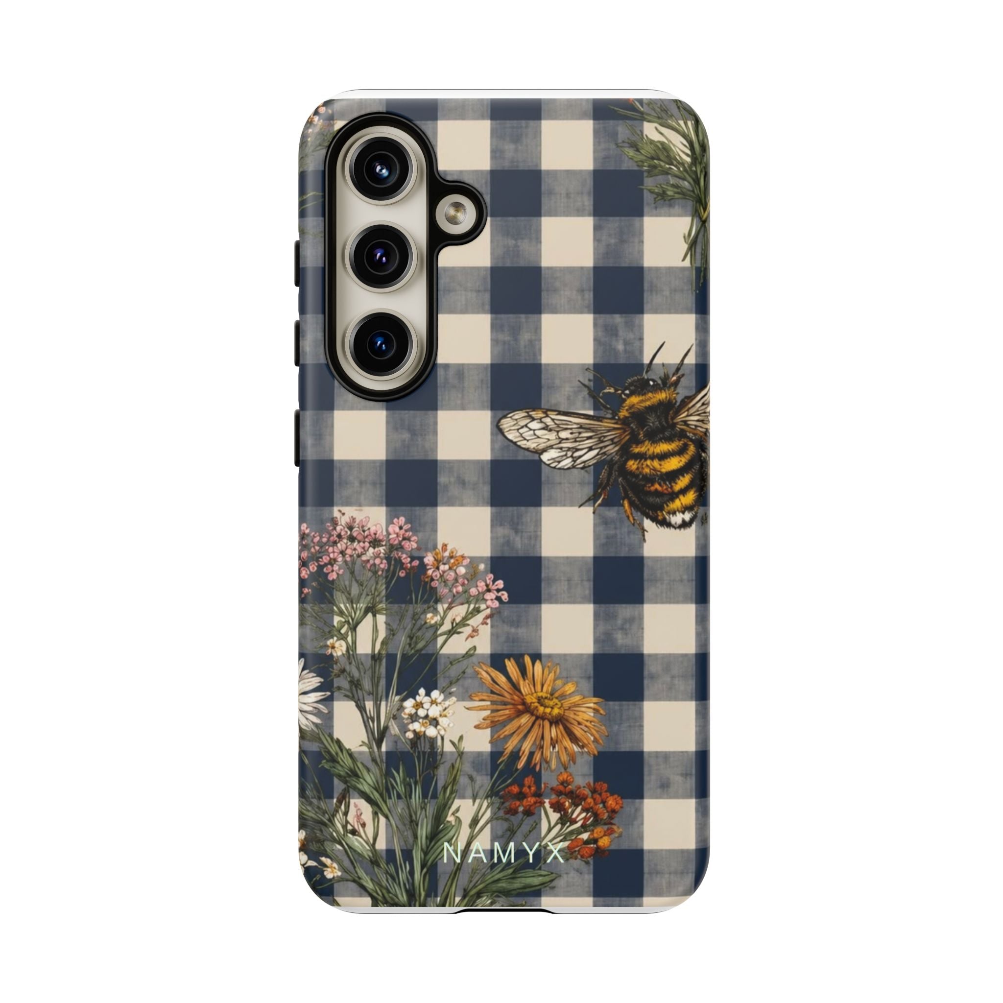 Bee & Wildflower Plaid Phone Case — Navy Buffalo Check Floral iPhone Cover