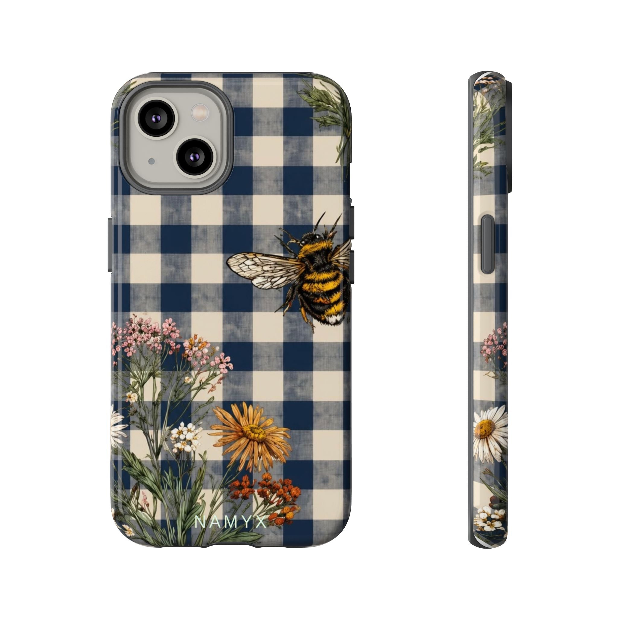 Bee & Wildflower Plaid Phone Case — Navy Buffalo Check Floral iPhone Cover
