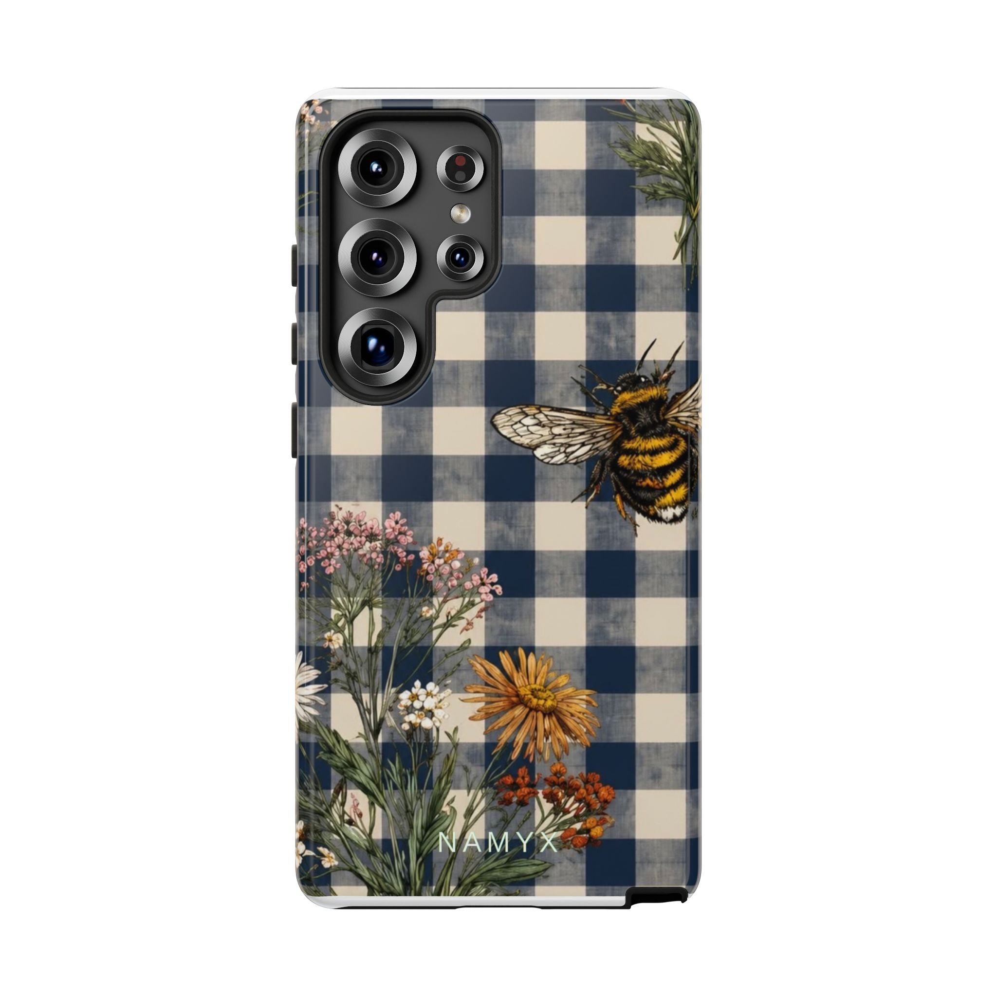 Bee & Wildflower Plaid Phone Case — Navy Buffalo Check Floral iPhone Cover