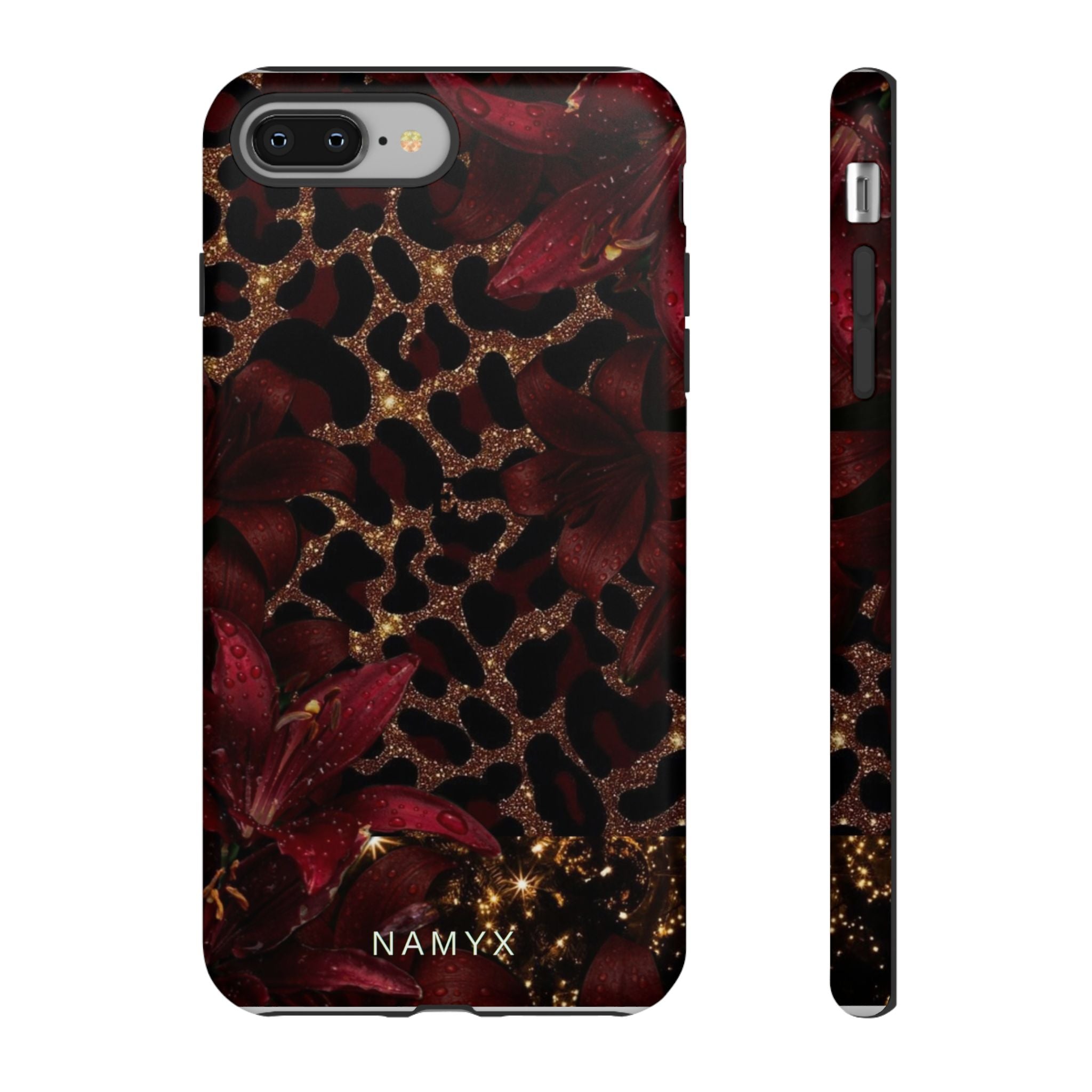 Protective Phone Case — Burgundy Floral & Gold Leopard Print Tough Case
