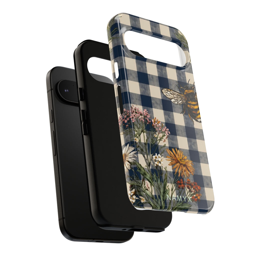 Bee & Wildflower Plaid Phone Case — Navy Buffalo Check Floral iPhone Cover