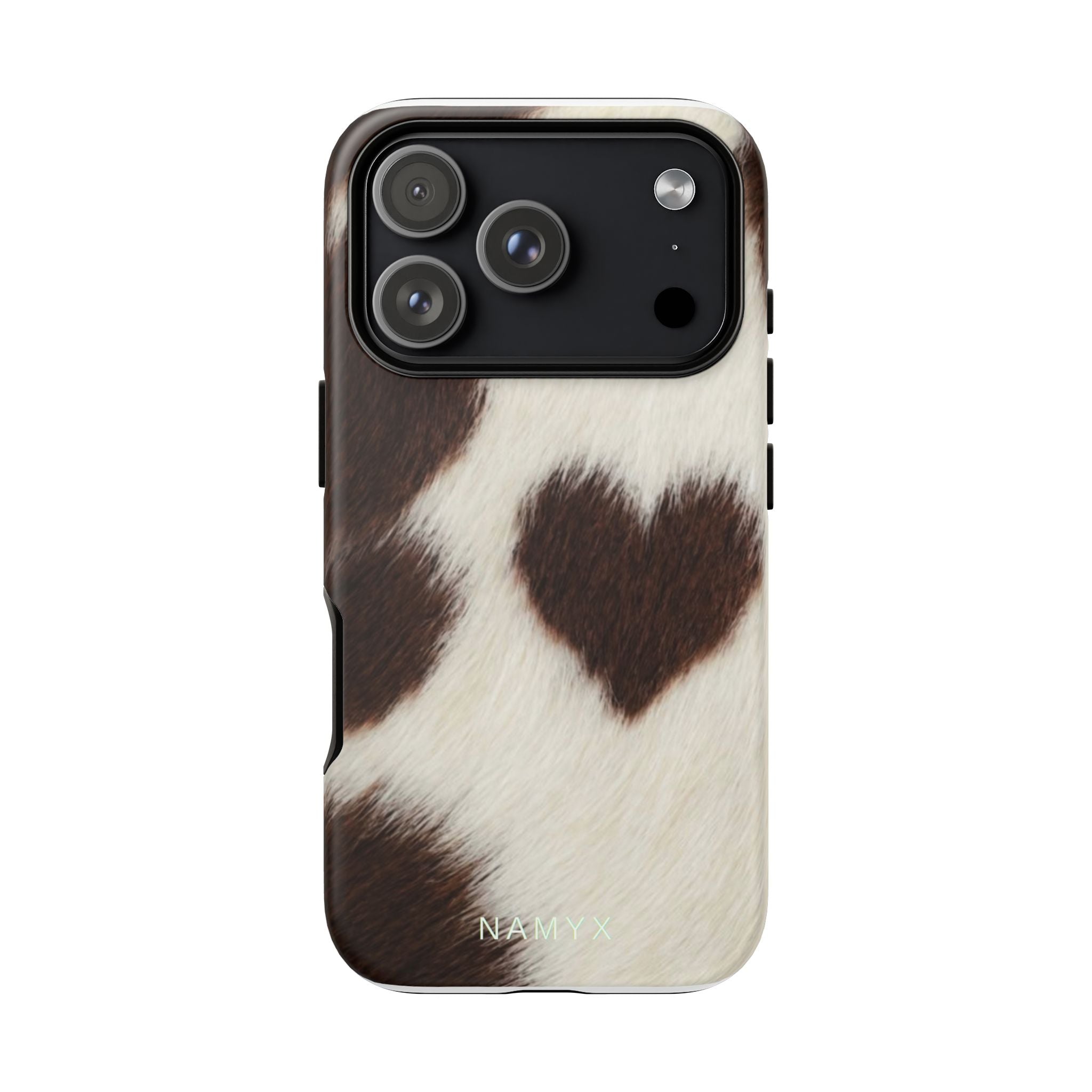 Cowhide Heart Phone Case — Cute Cow Print Protective iPhone Cover