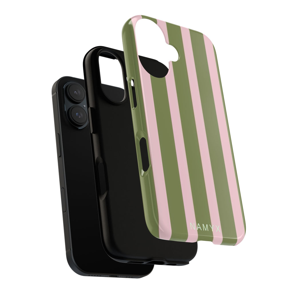 Striped Olive & Blush Tough Phone Case — Durable Protective Phone Cover