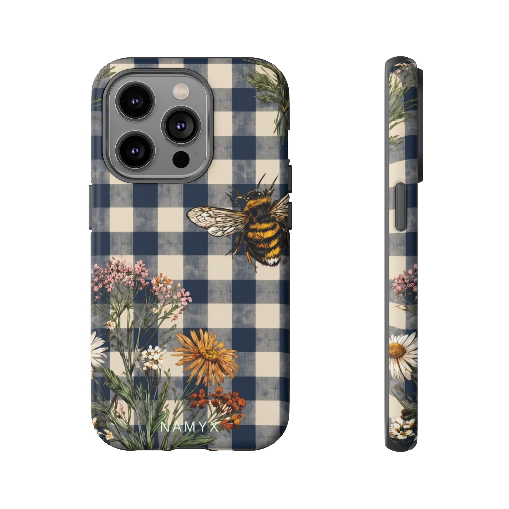 Bee & Wildflower Plaid Phone Case — Navy Buffalo Check Floral iPhone Cover