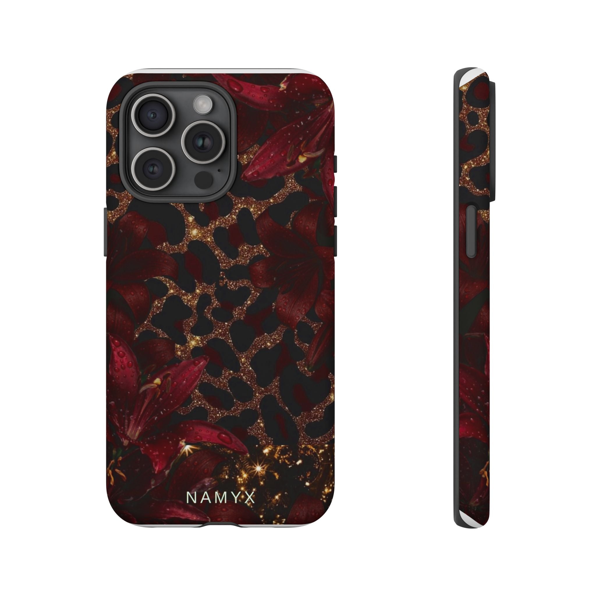 Protective Phone Case — Burgundy Floral & Gold Leopard Print Tough Case