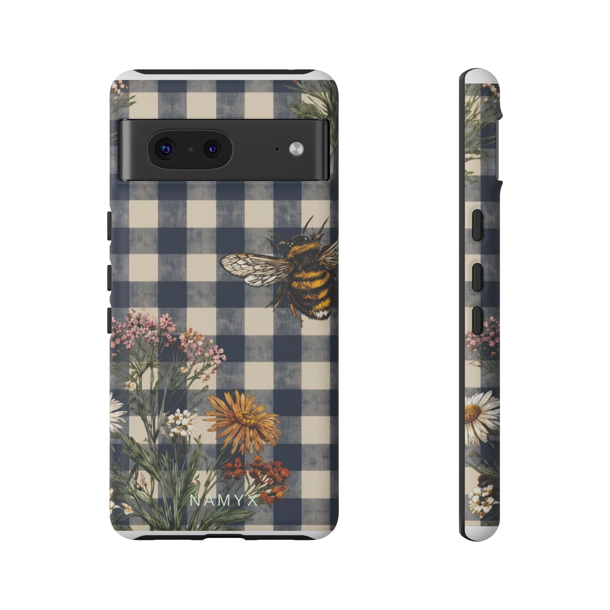 Bee & Wildflower Plaid Phone Case — Navy Buffalo Check Floral iPhone Cover